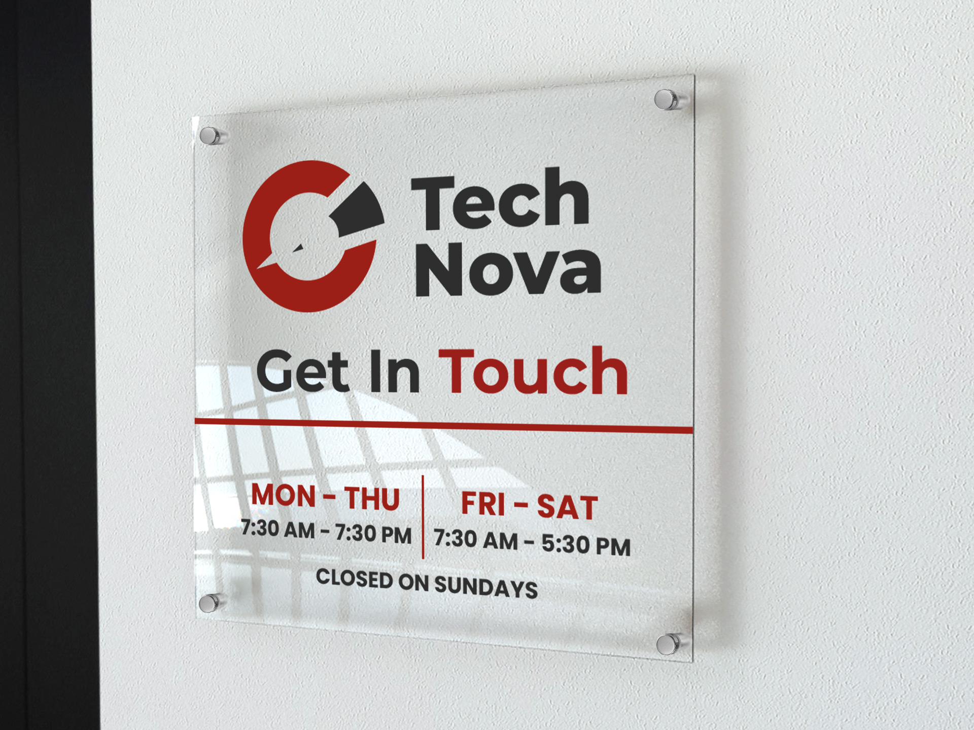Acrylic hours of operation sign, printed with a company logo.