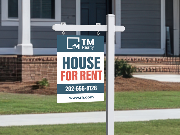 Red and blue House For Rent sign post reading TM Realty and contact details.