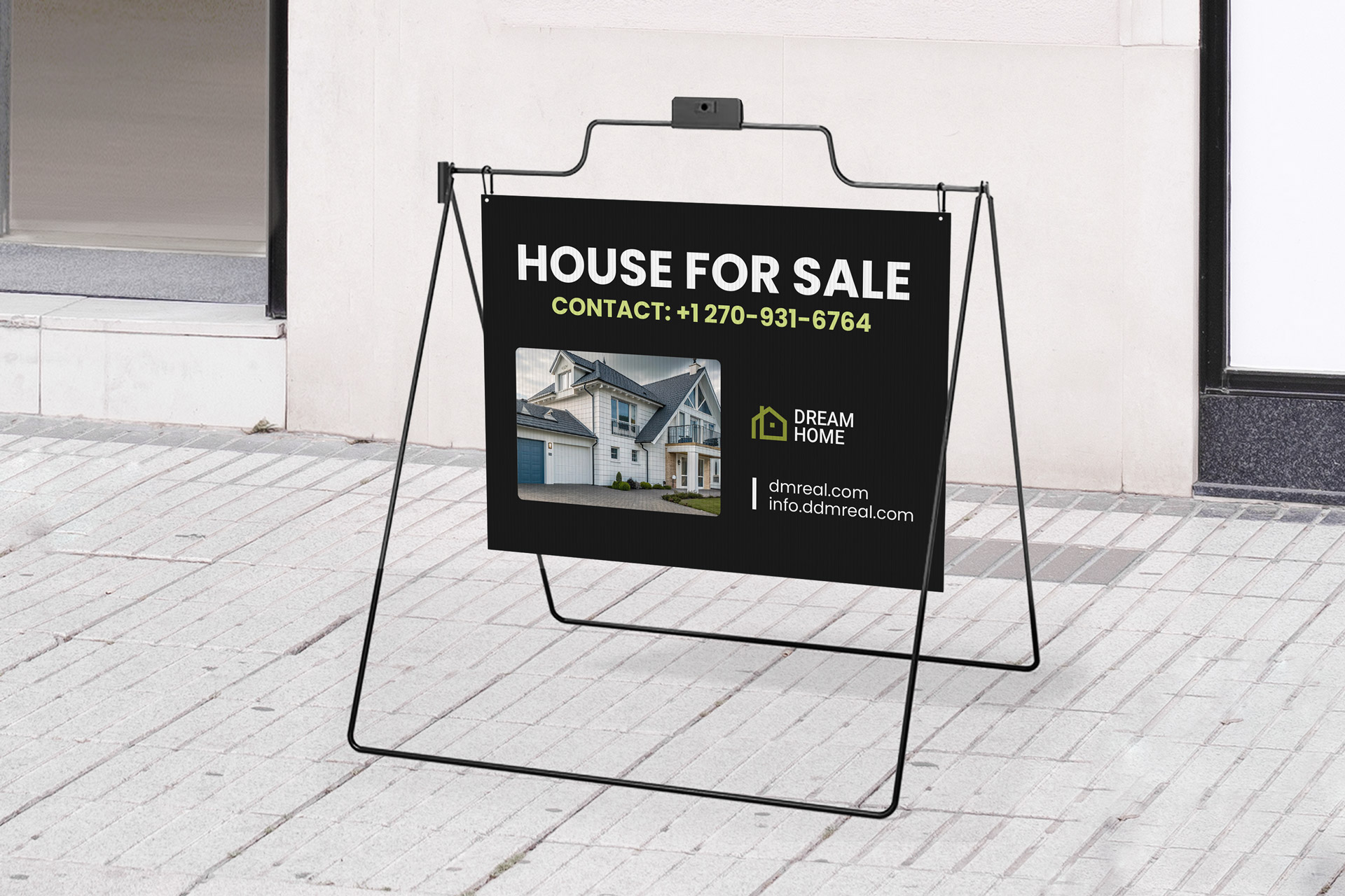 Real estate A-frame house for sale sign with contact information.