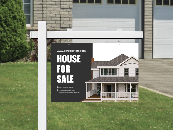 House For sale sign post with branded elements and contact details.