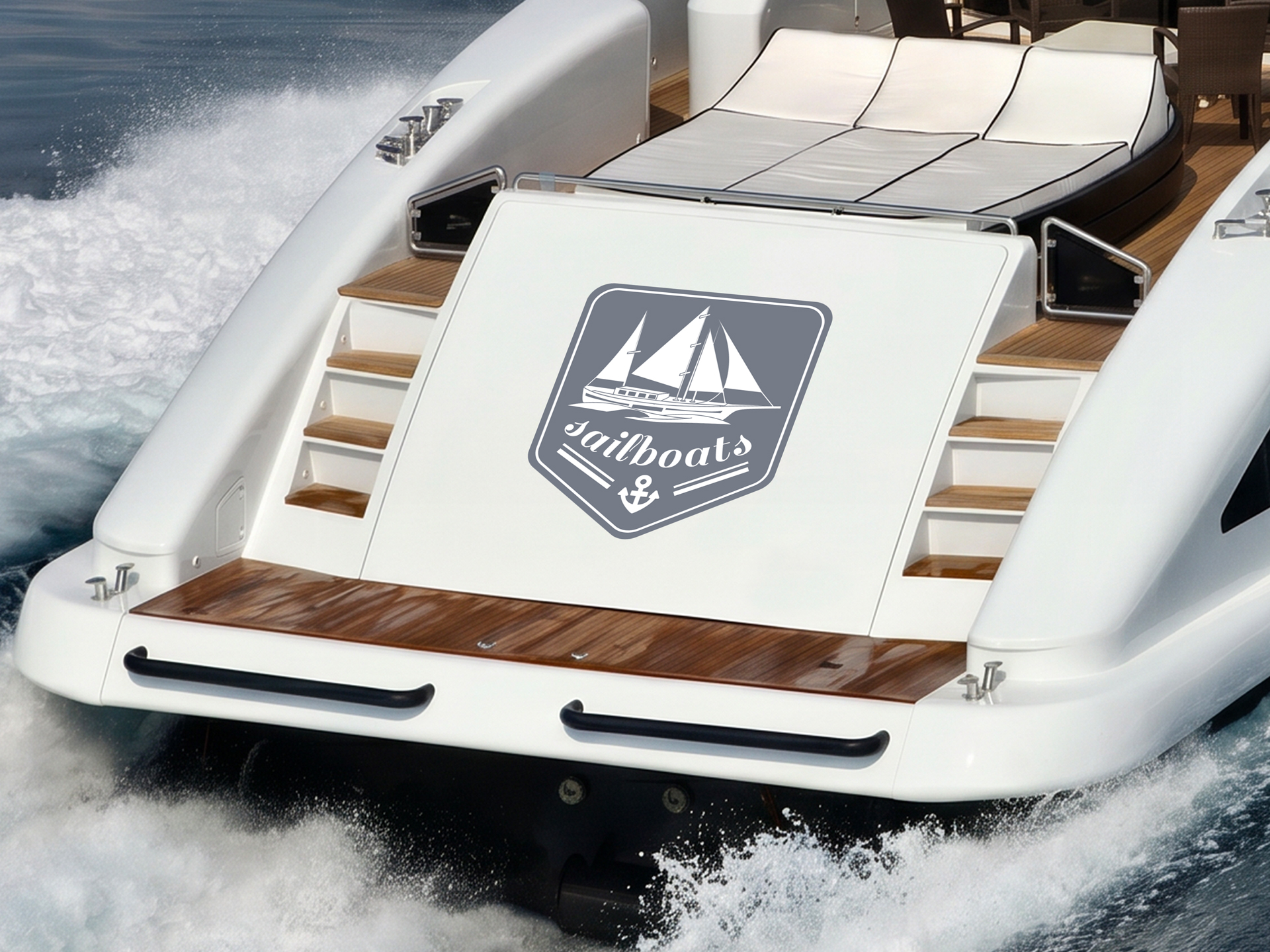 A gray sailboat emblem graphic decorates the transom.