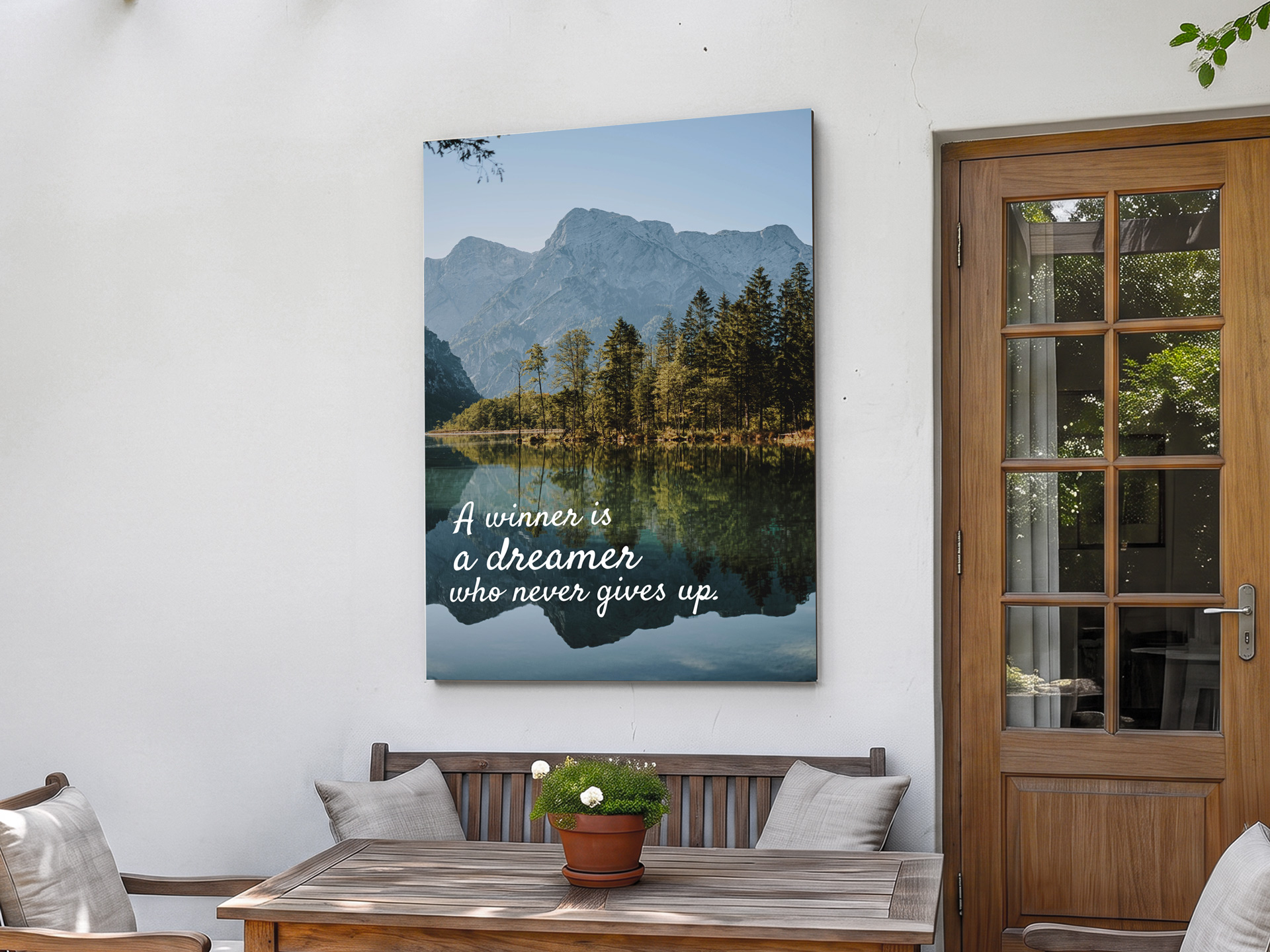 Large metal print installed in a patio featuring landscape photo.