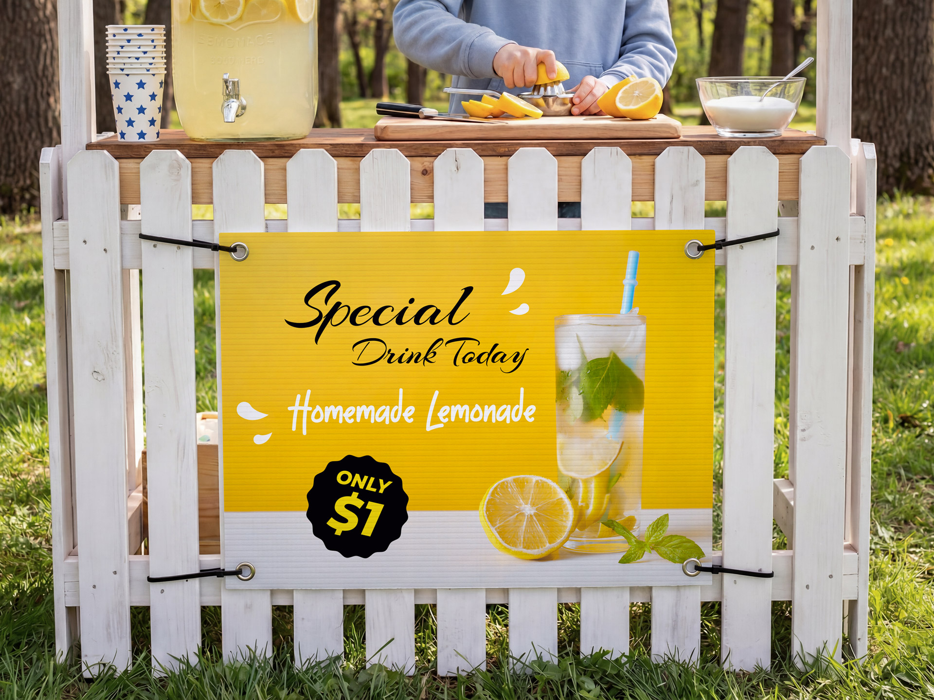 yellow corrugated plastic signage attached to a wooden stand
