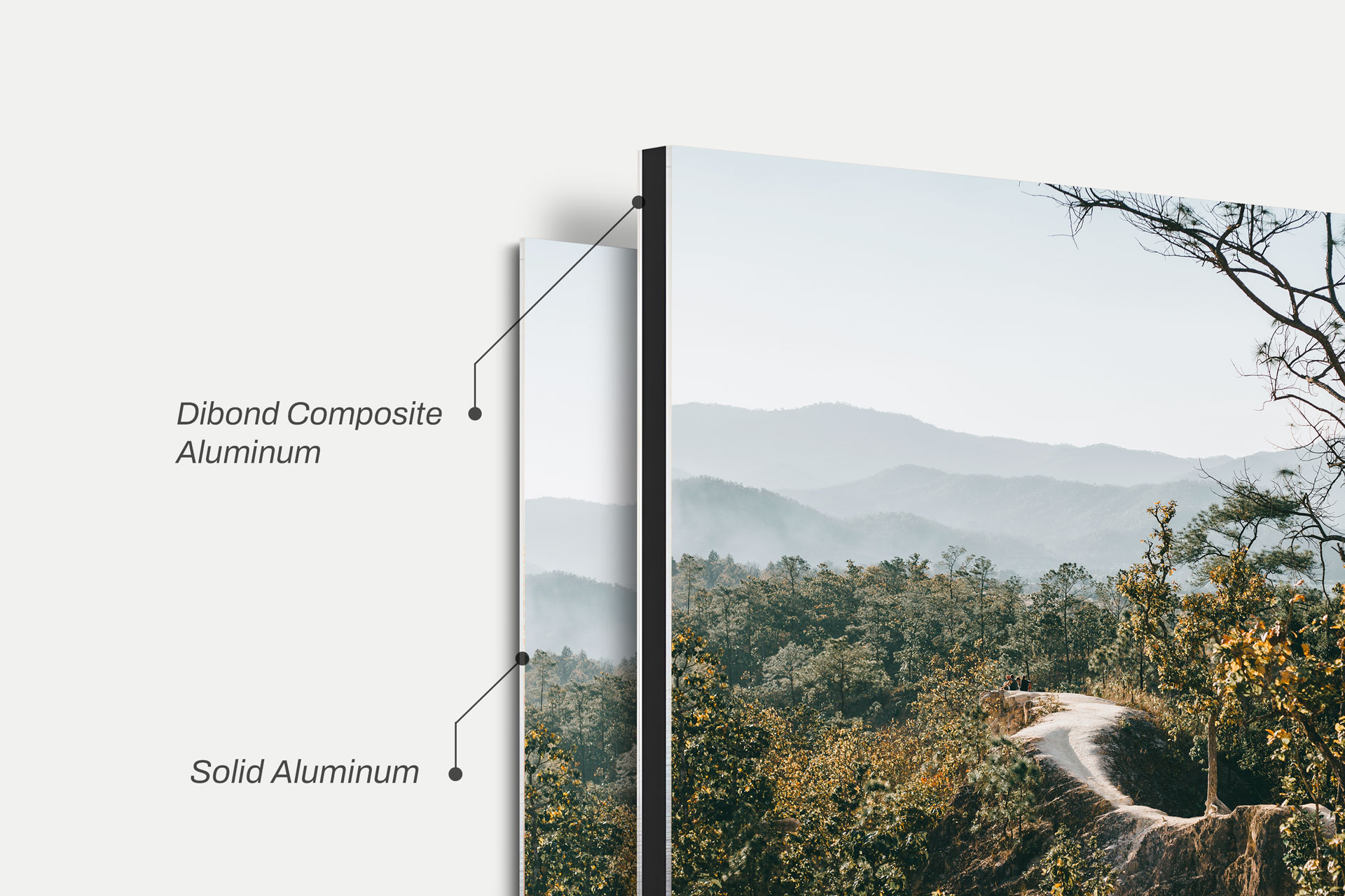 Dibond and solid aluminum options of metallic photo prints.