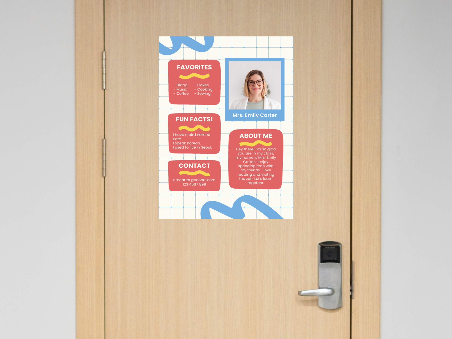 Meet your teacher paper poster installed on a door.