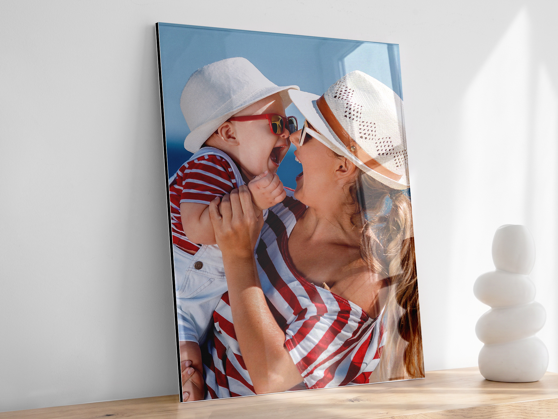 Personalized metal print featuring an image of a mom and her son.