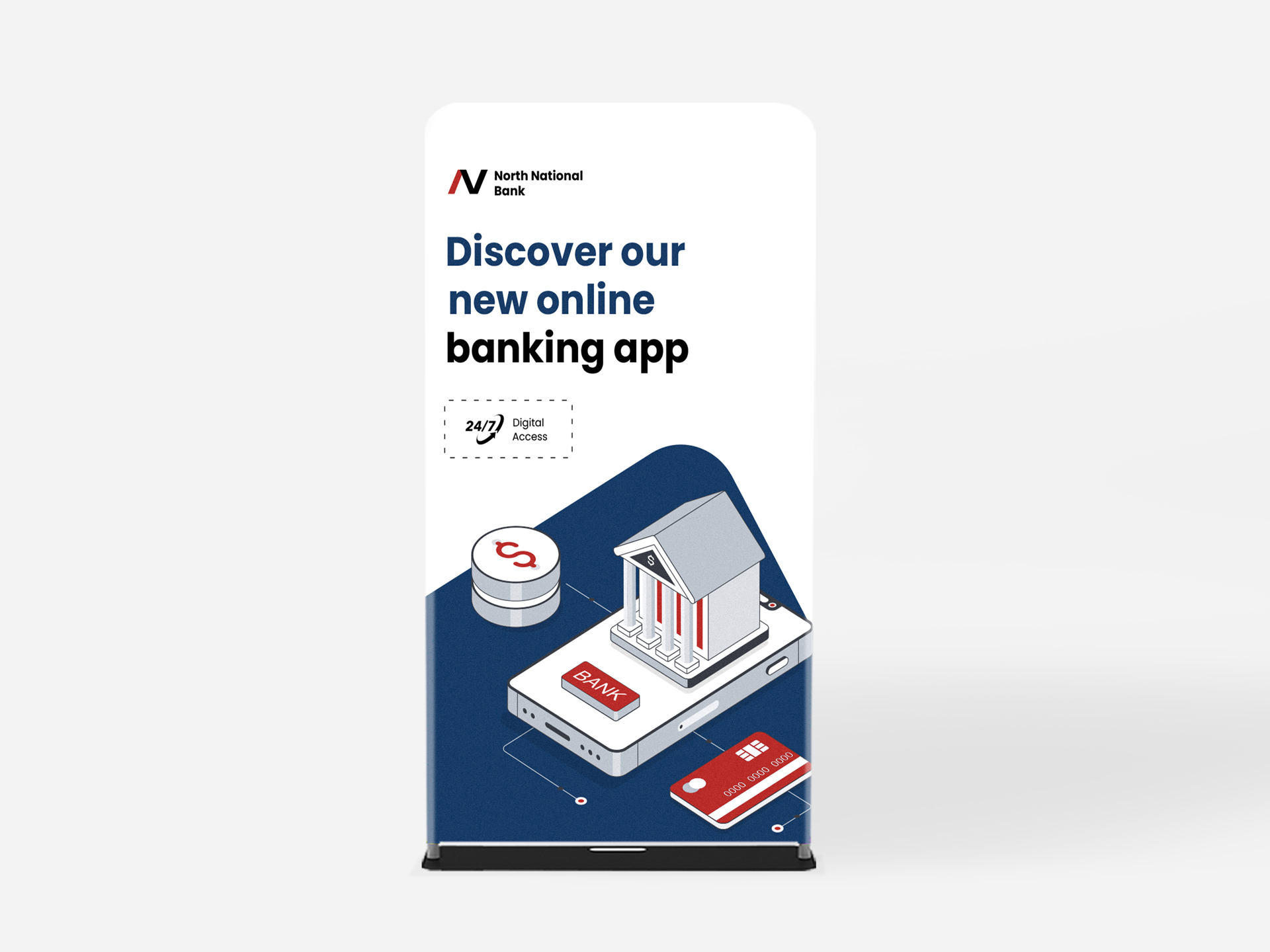 Tension fabric stand promoting a banking app