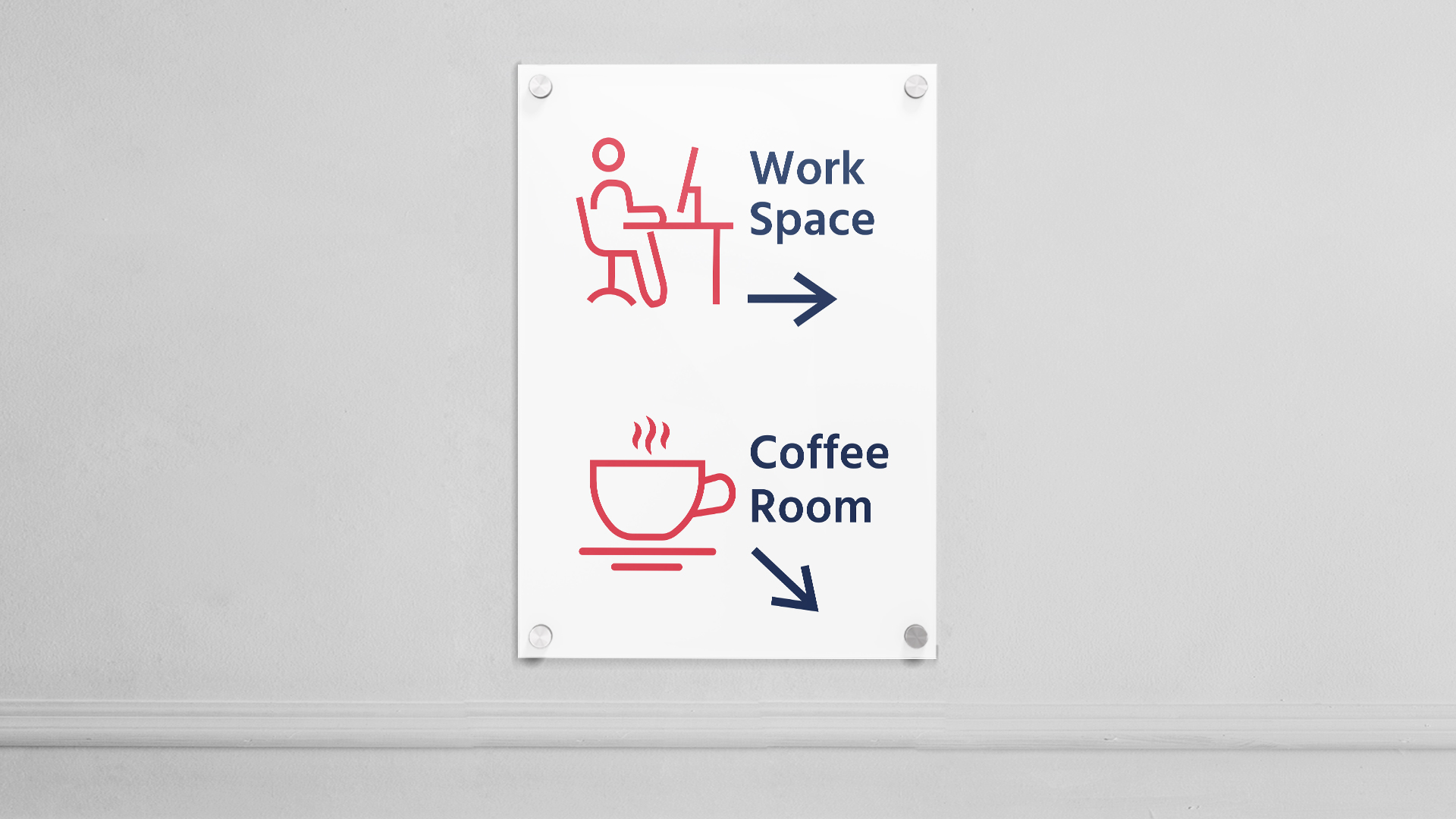 A directional white acrylic sign mounted on the wall used to direct people towards the office and break room.
