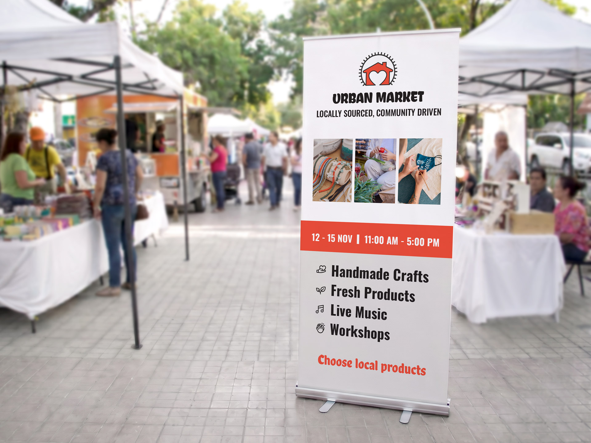 Open air market outdoor retractable banner showcasing opening and product information.