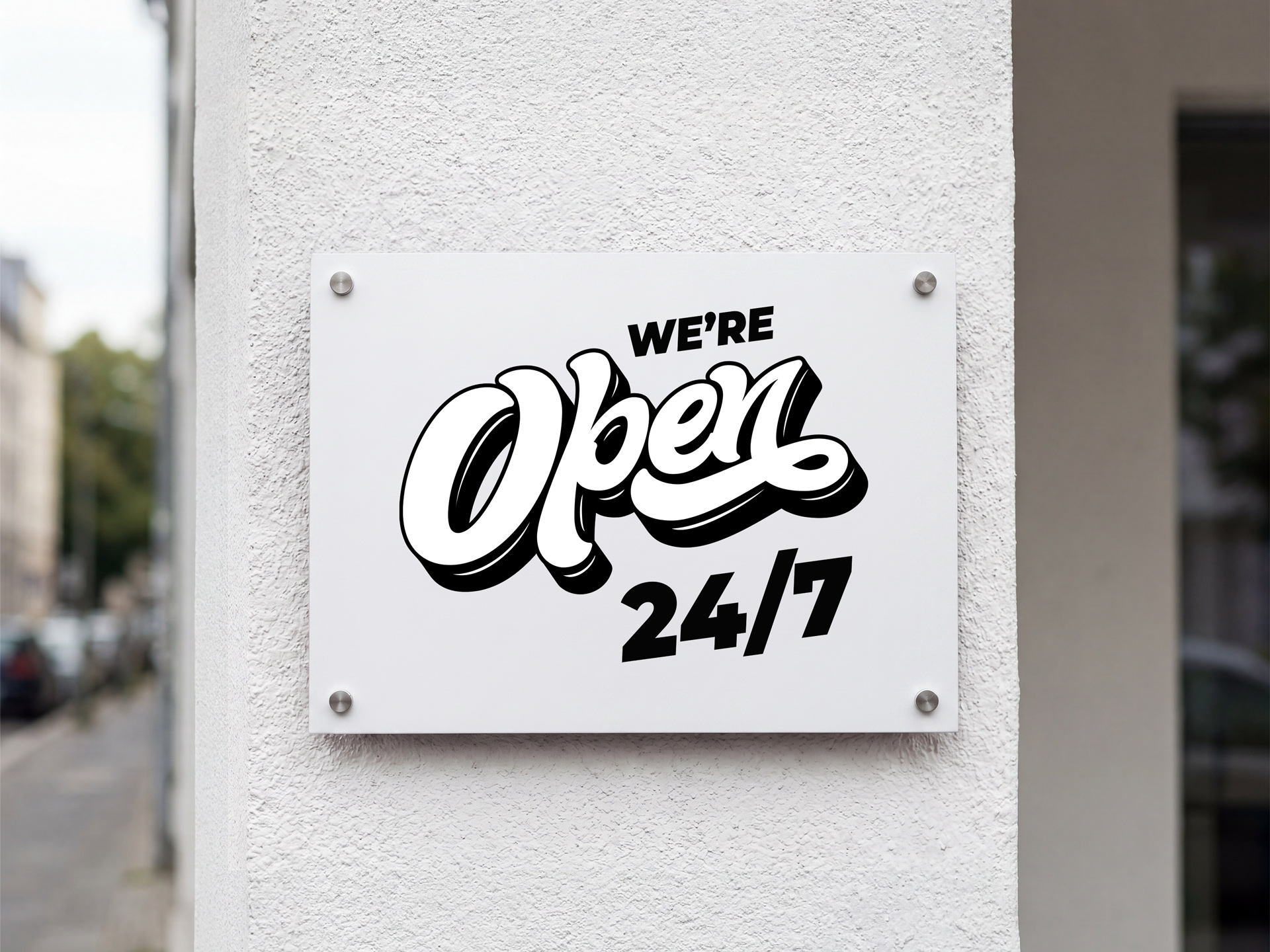 Aluminum open hour signage announcing 24/7 availability on an exterior wall.