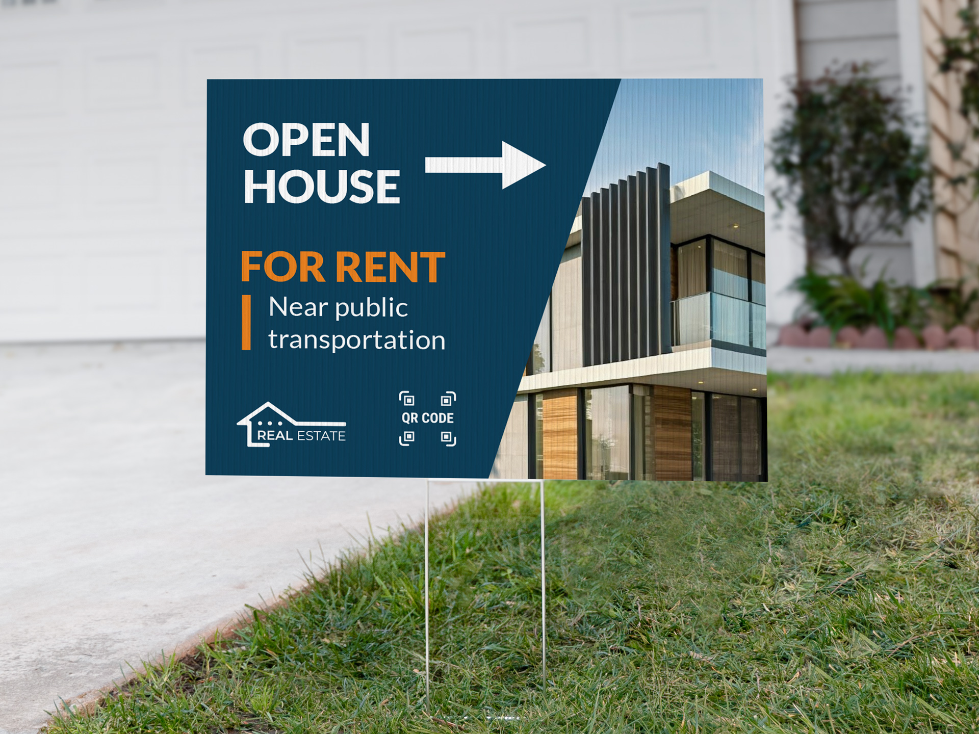 Open house sign installed next to a pathway directing to a property for sale.