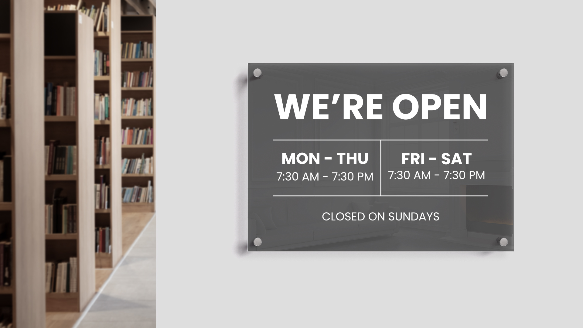 Black transparent acrylic sign displaying business hours and open days