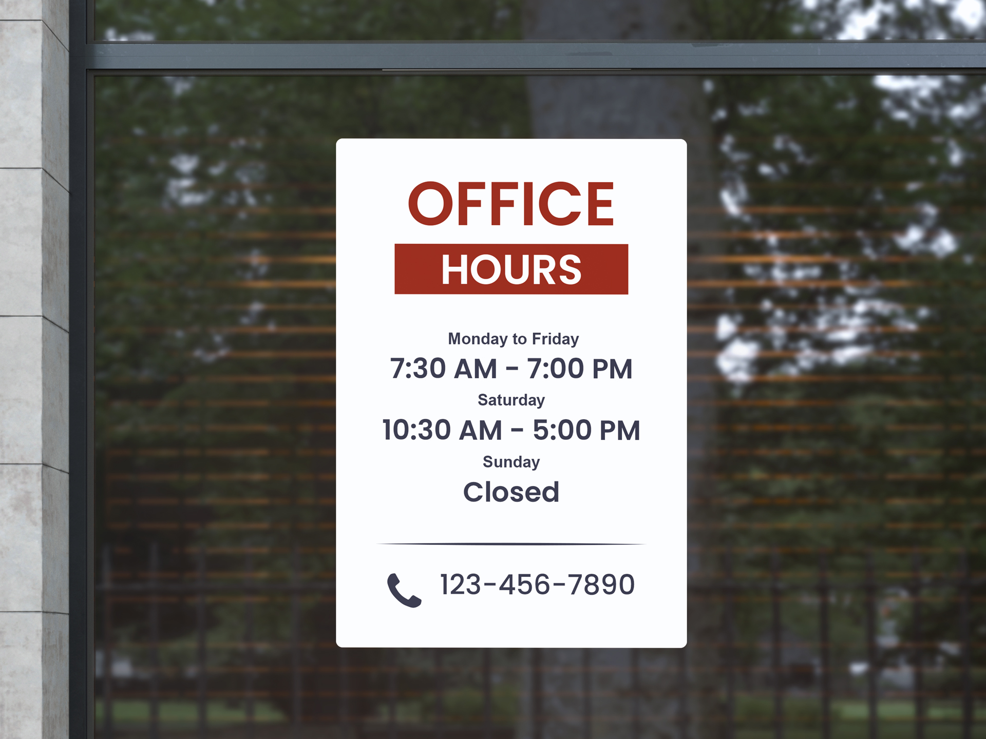 Office hours window cling featuring contact number.