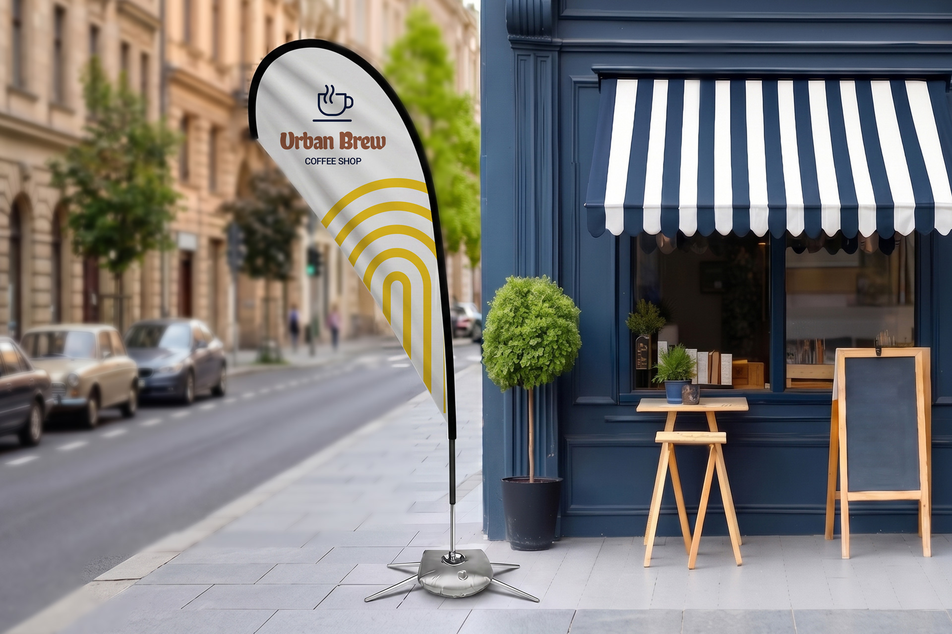 Coffee shop company logo teardrop flag with a cross base and water bag installed outdoors.