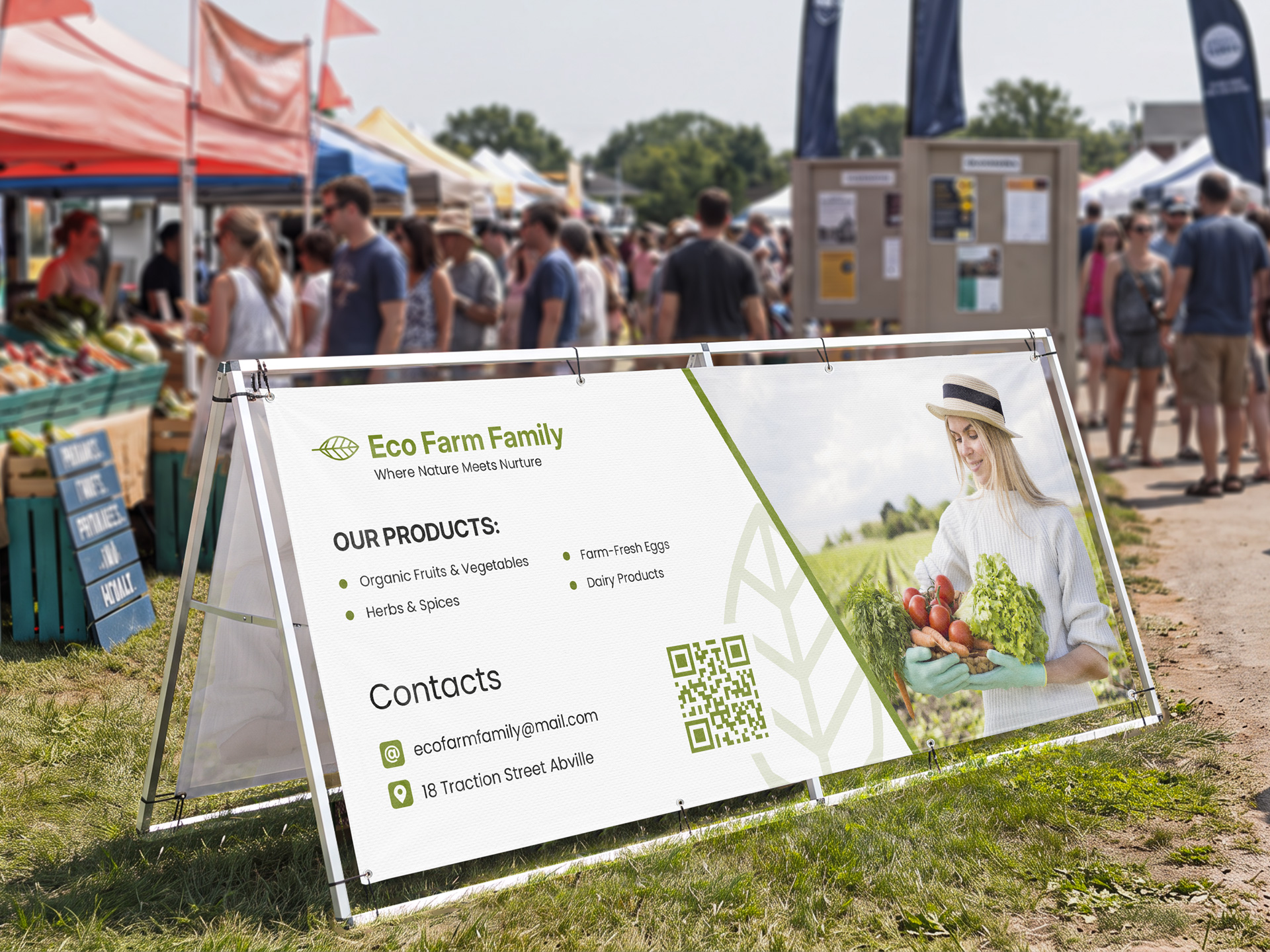 A-frame banner for an outdoor market, listing organic produce, contacts, and a QR code.