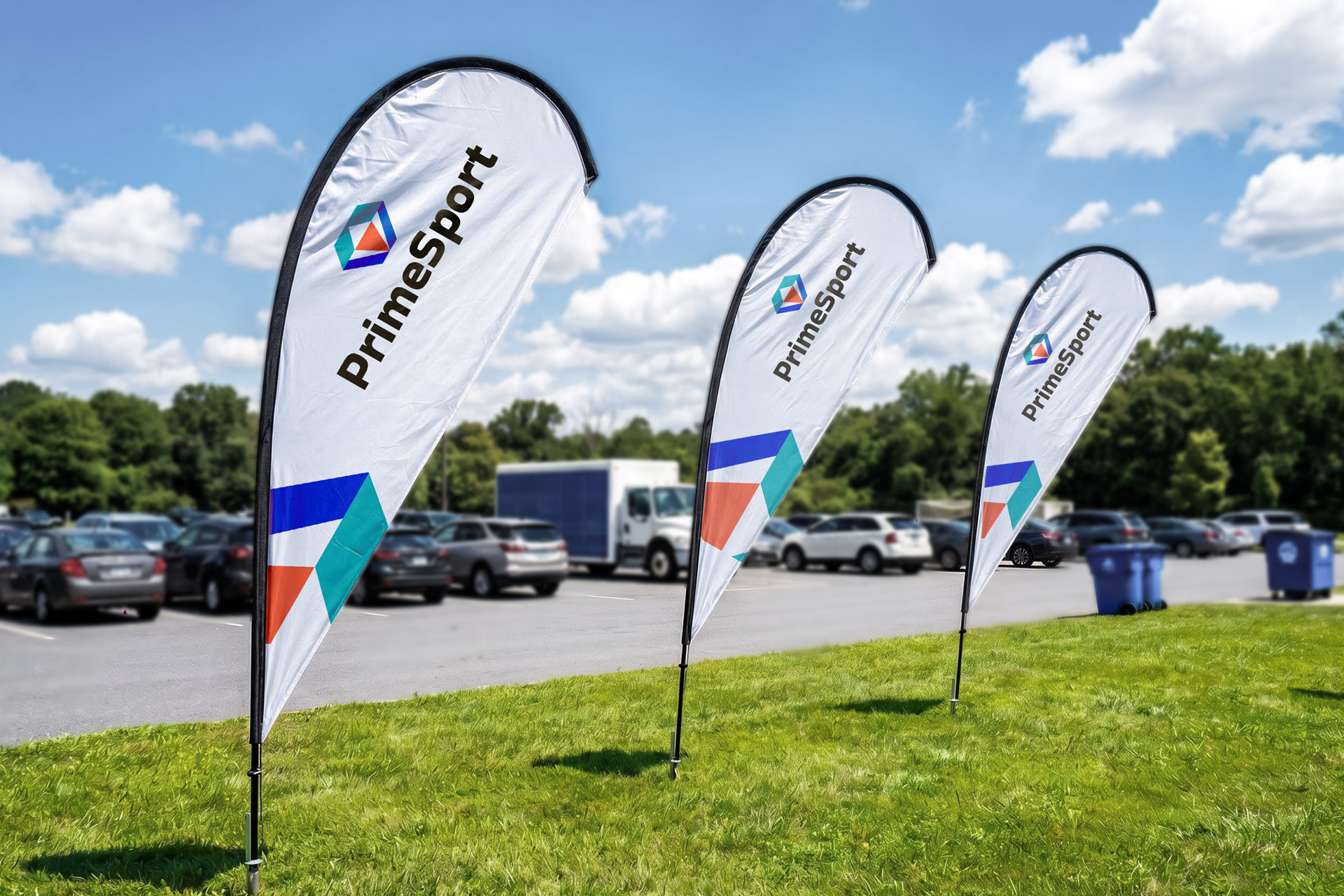 Outdoor teardrop flags showcasing a company logo.