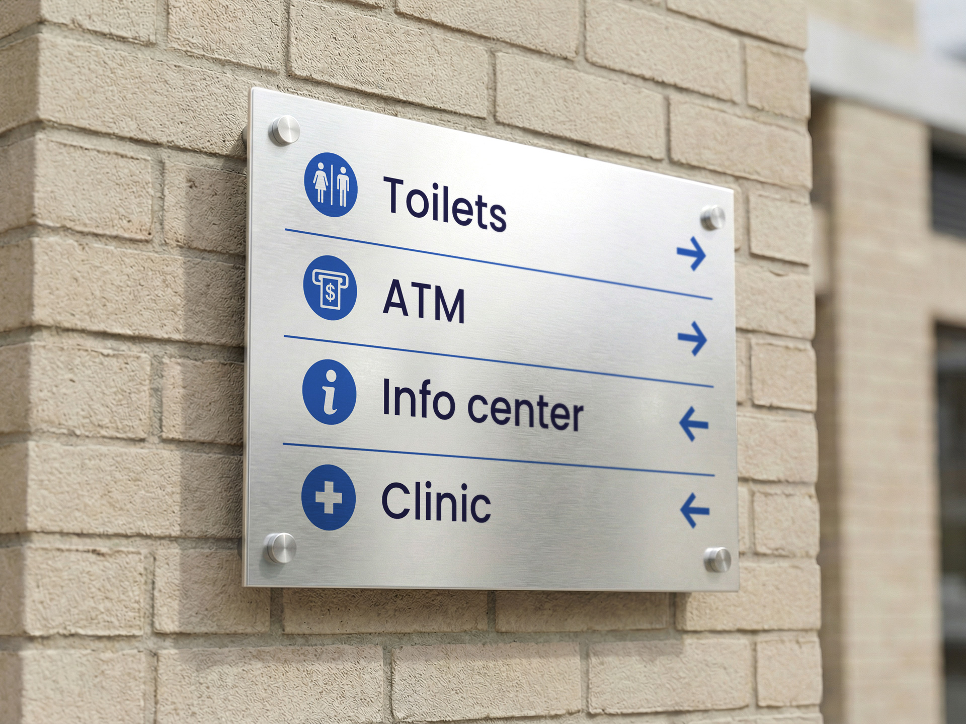 outdoor brushed metal wayfinding sign with arrows pointing to different locations