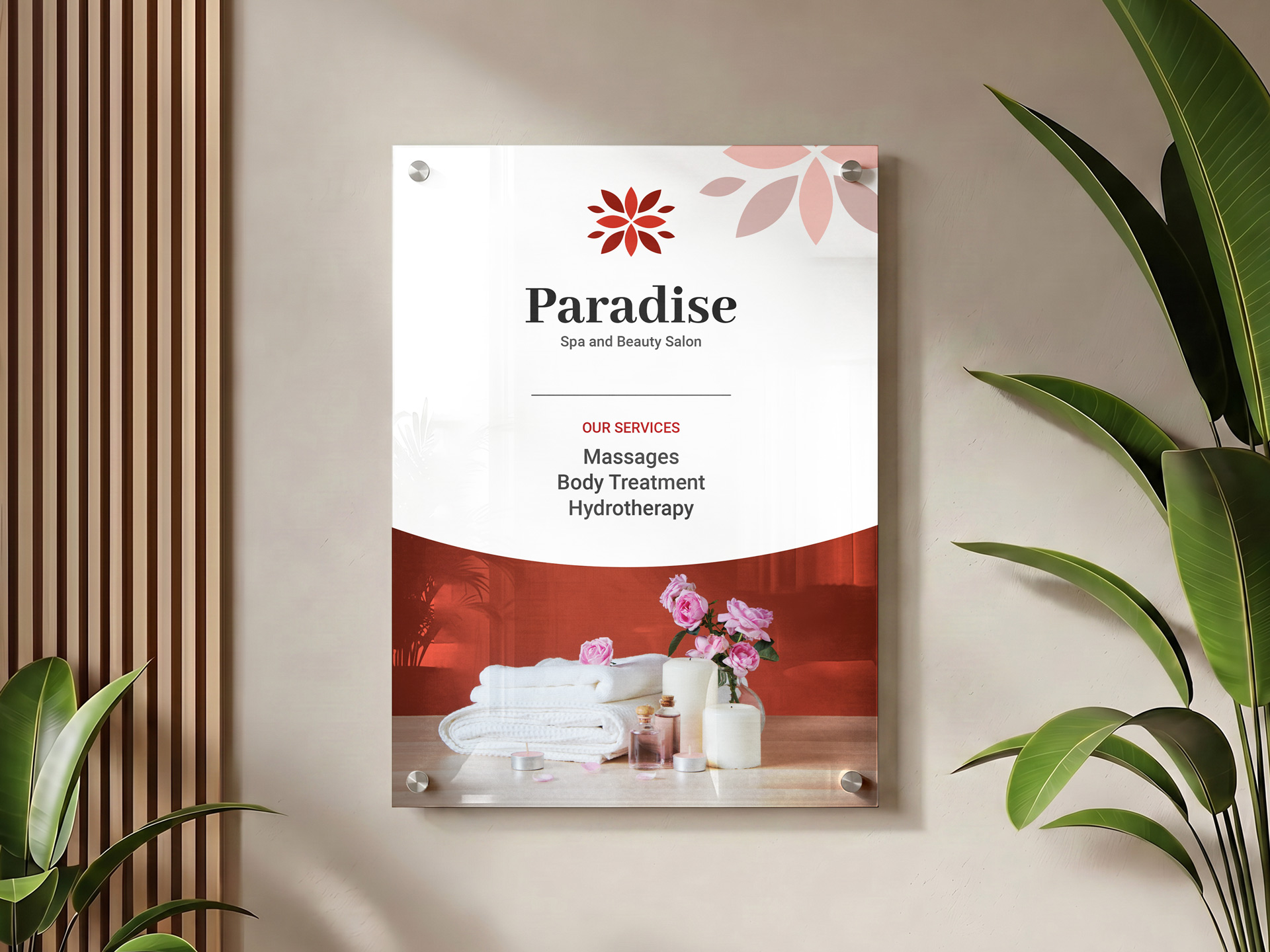 Spa and Beauty Salon services printed on acrylic.