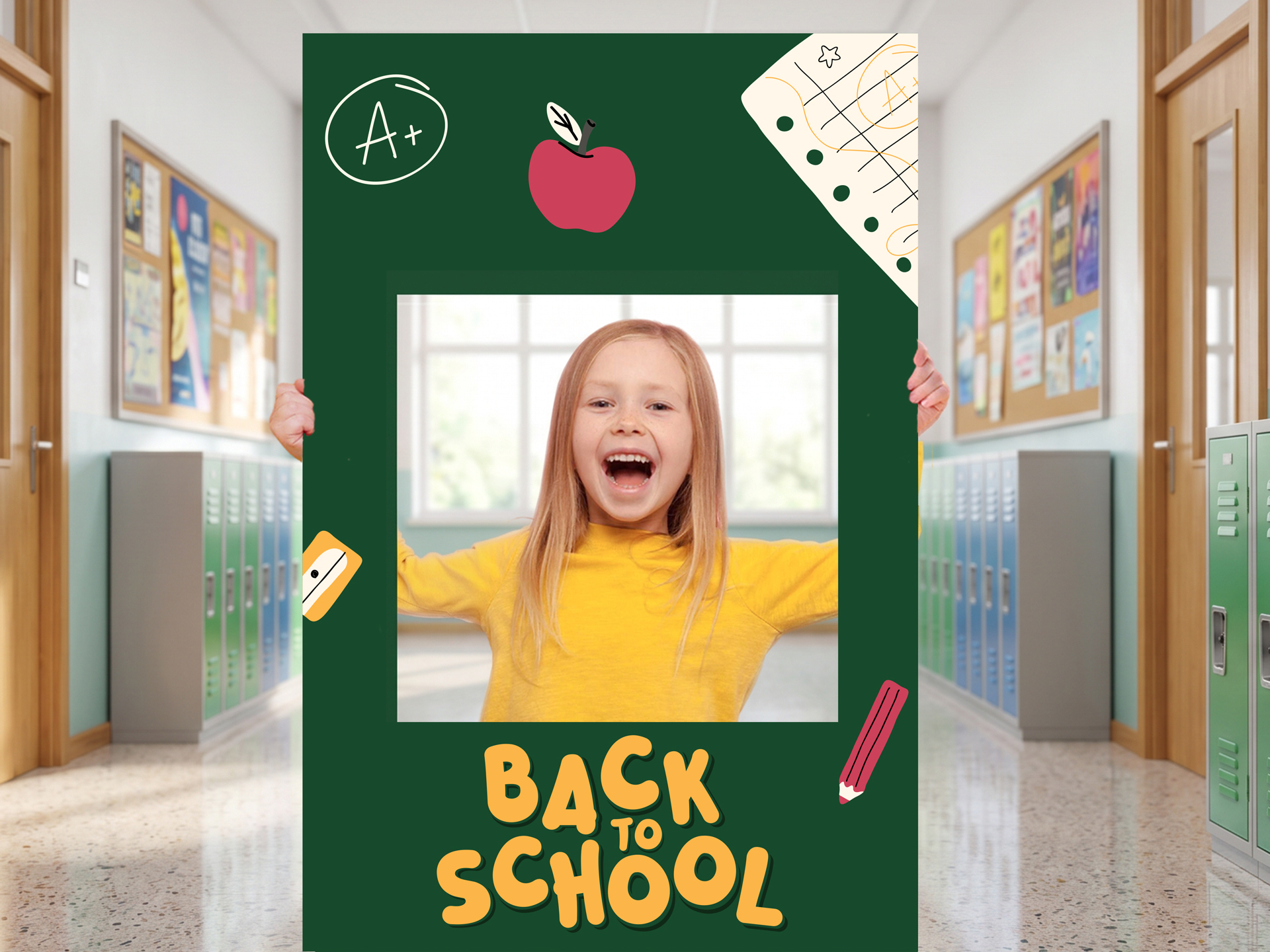 Personalized back to school selfie frame with colorful design.