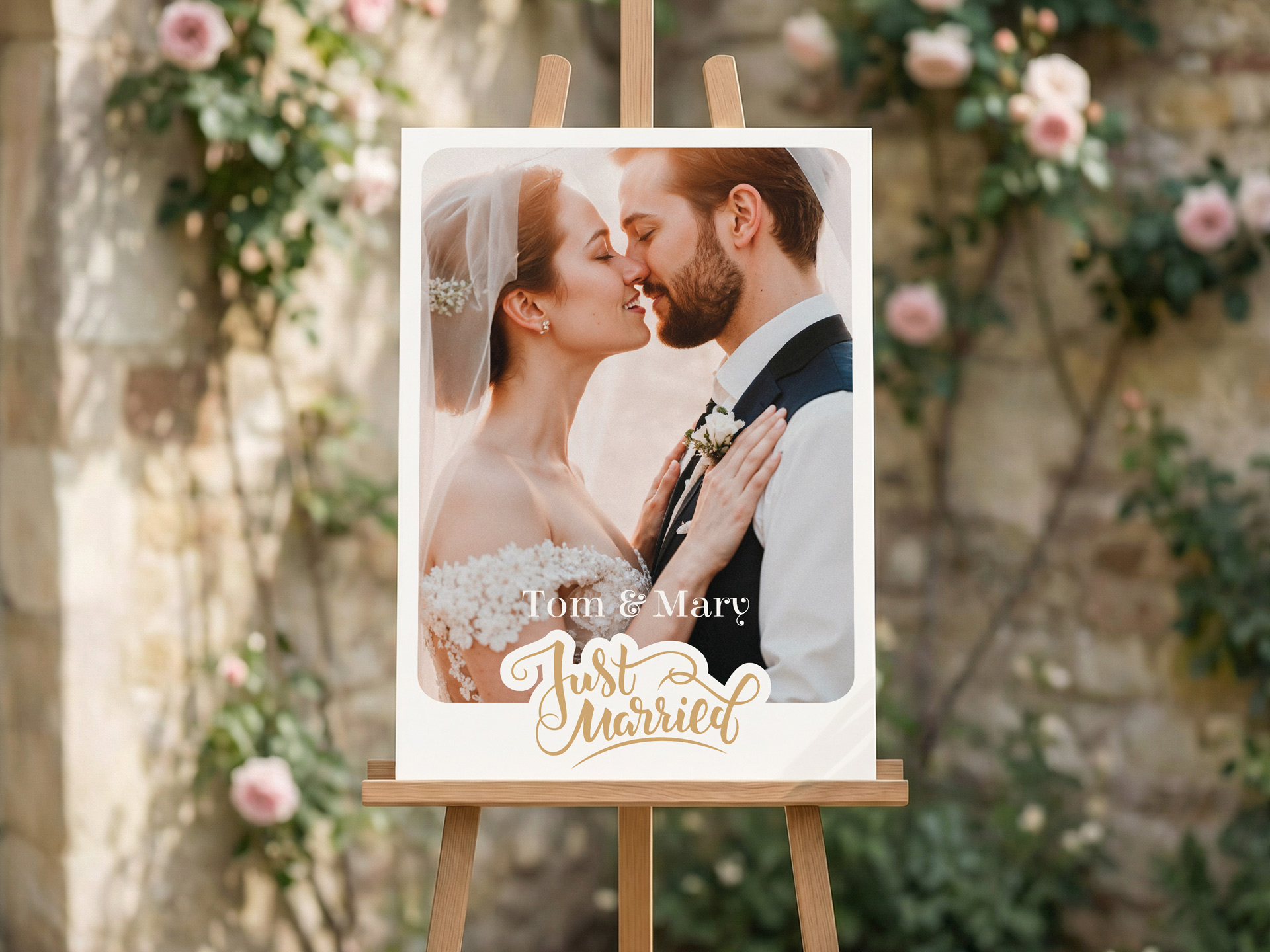 Wedding welcoming sign with couple photo overlay