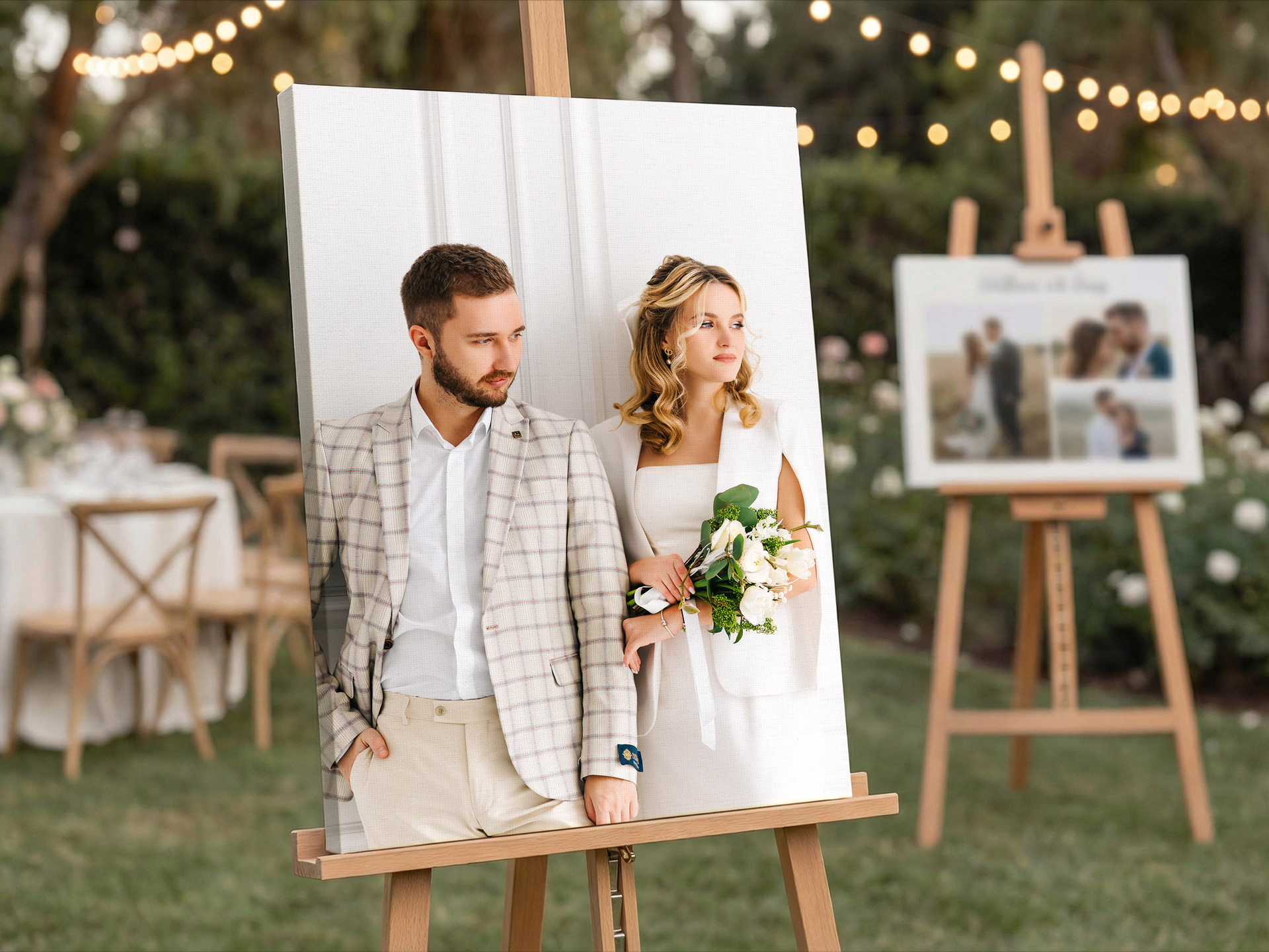 Large portrait photo canvas of wedding couple displayed outdoors