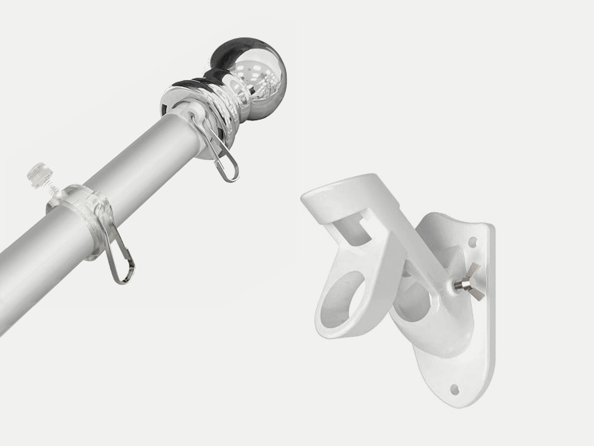 white flag pole with silver ball top and adjustable wall mount bracket