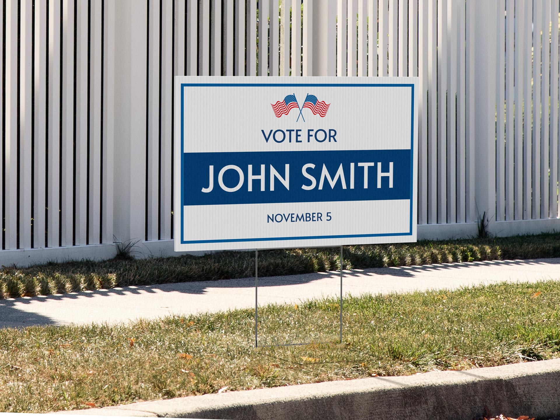 blue and white custom corrugated political campaign yard sign placed on a lawn