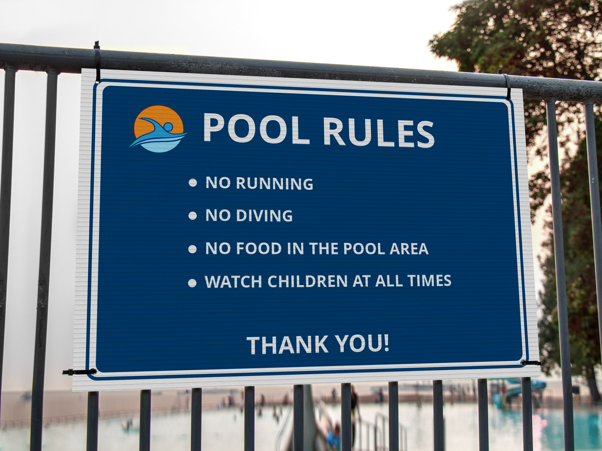 blue custom corrugated plastic safety sign displaying pool rules attached to a fence