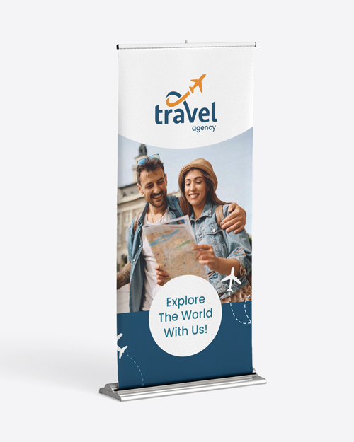 Travel agency premium retractable banner showing couple exploring a map with slogan ‘Explore the world with us.