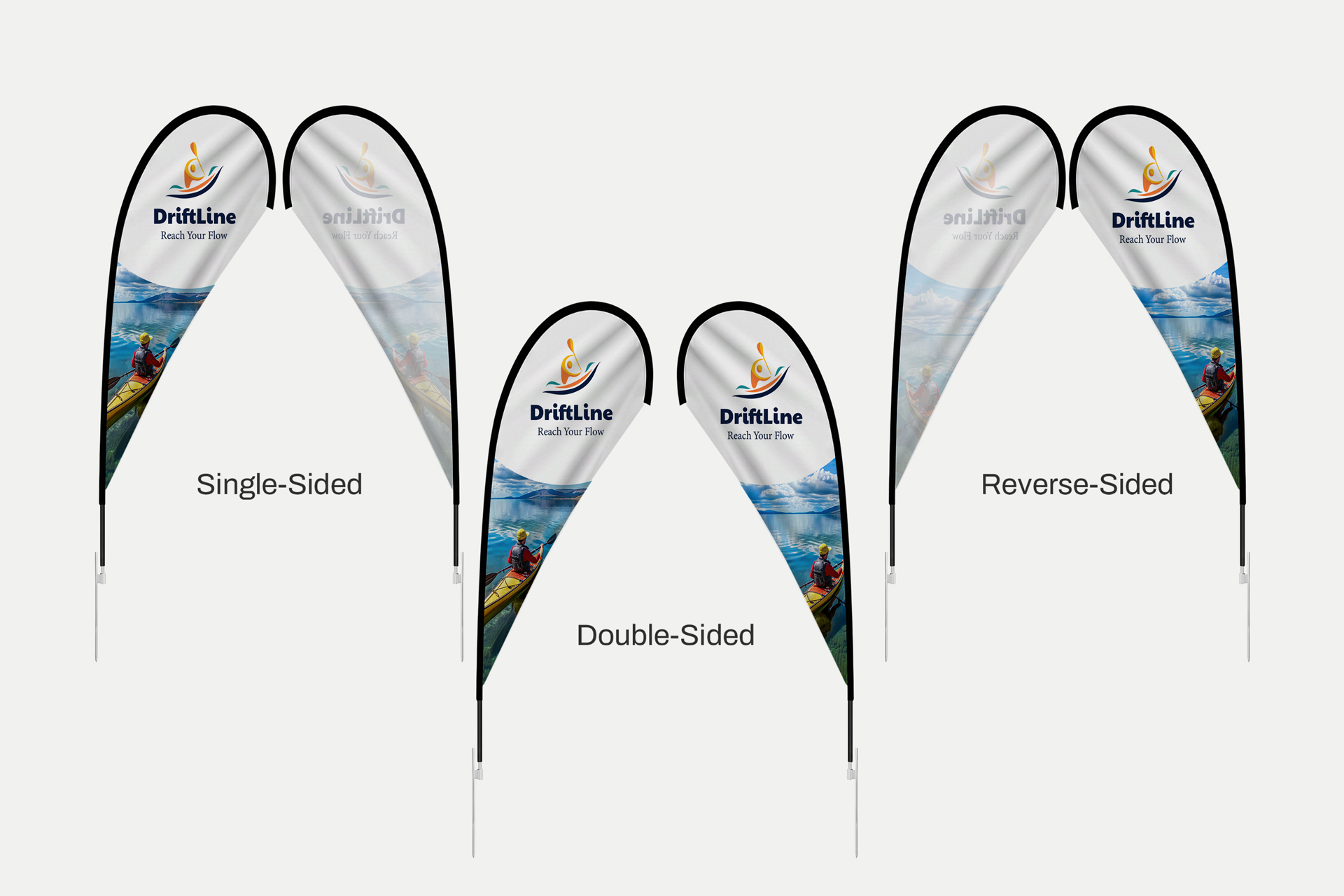 Three teardrop flags with single-sided, double-sided and reverse-sided printing.