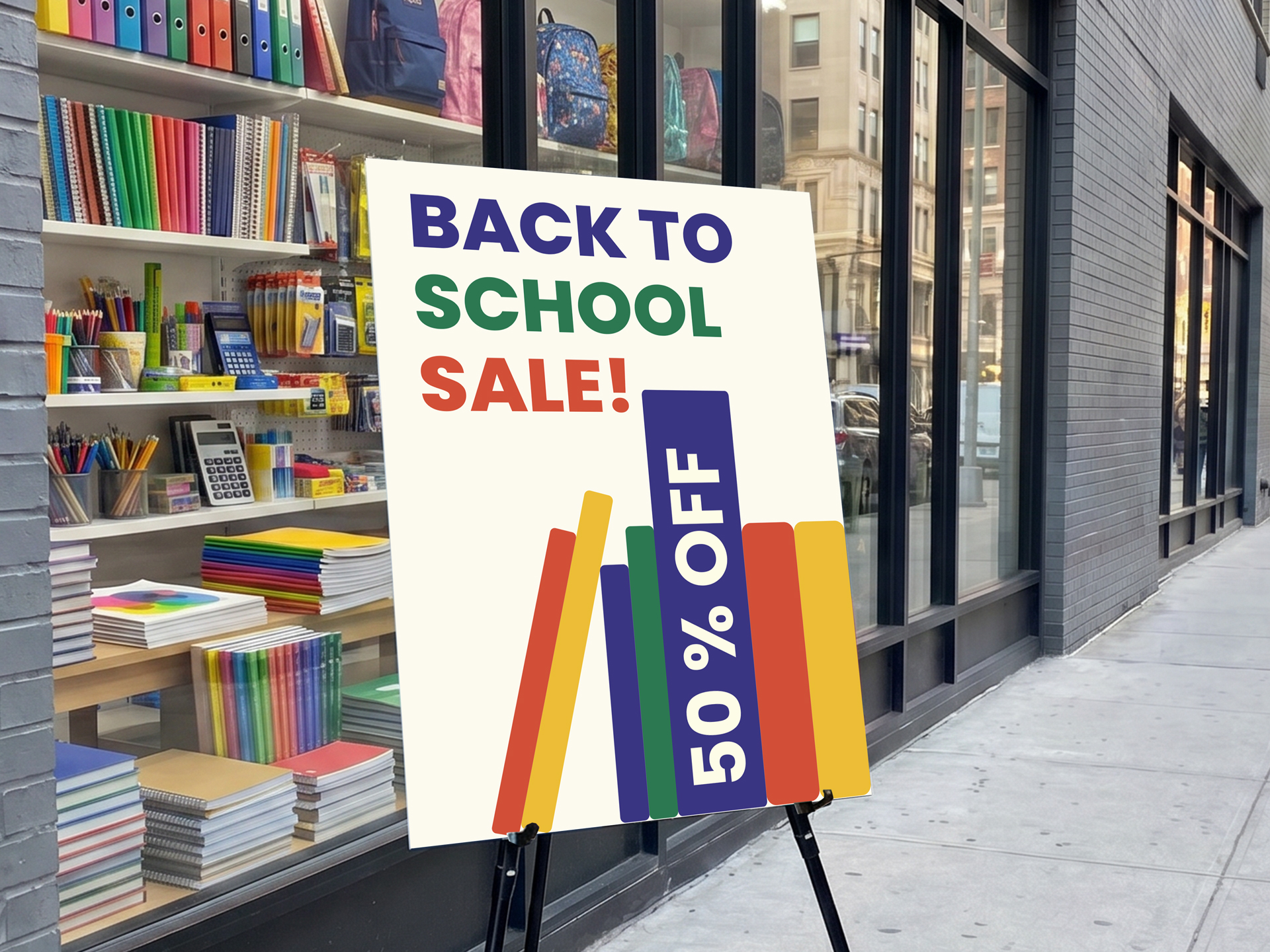 Promotional foam board sign communicating back to school offers.