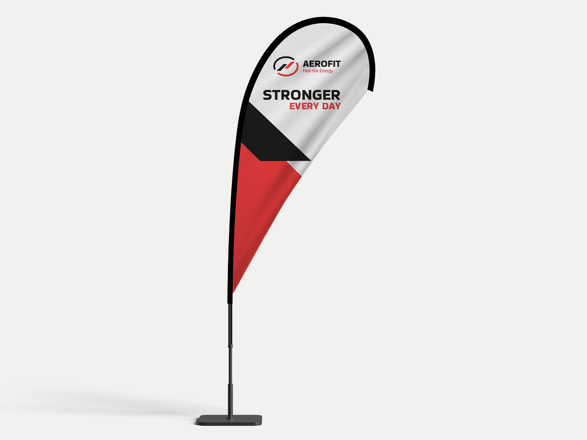 Promotional teardrop flag printed with a company logo and headline.