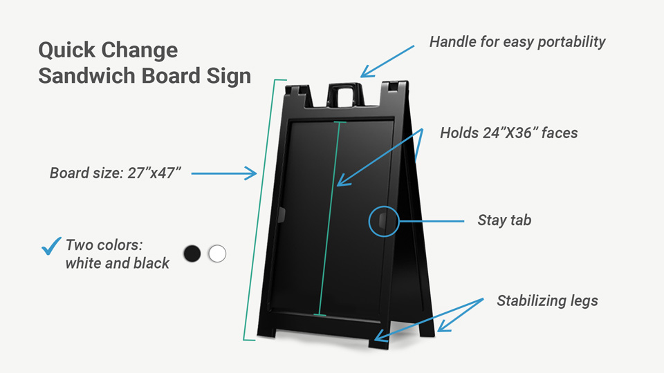 Lightweight sandwich board sign with easy-change features and black or white options.