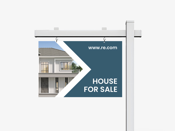 Real estate sign post reading House For Sale with an image of a property.