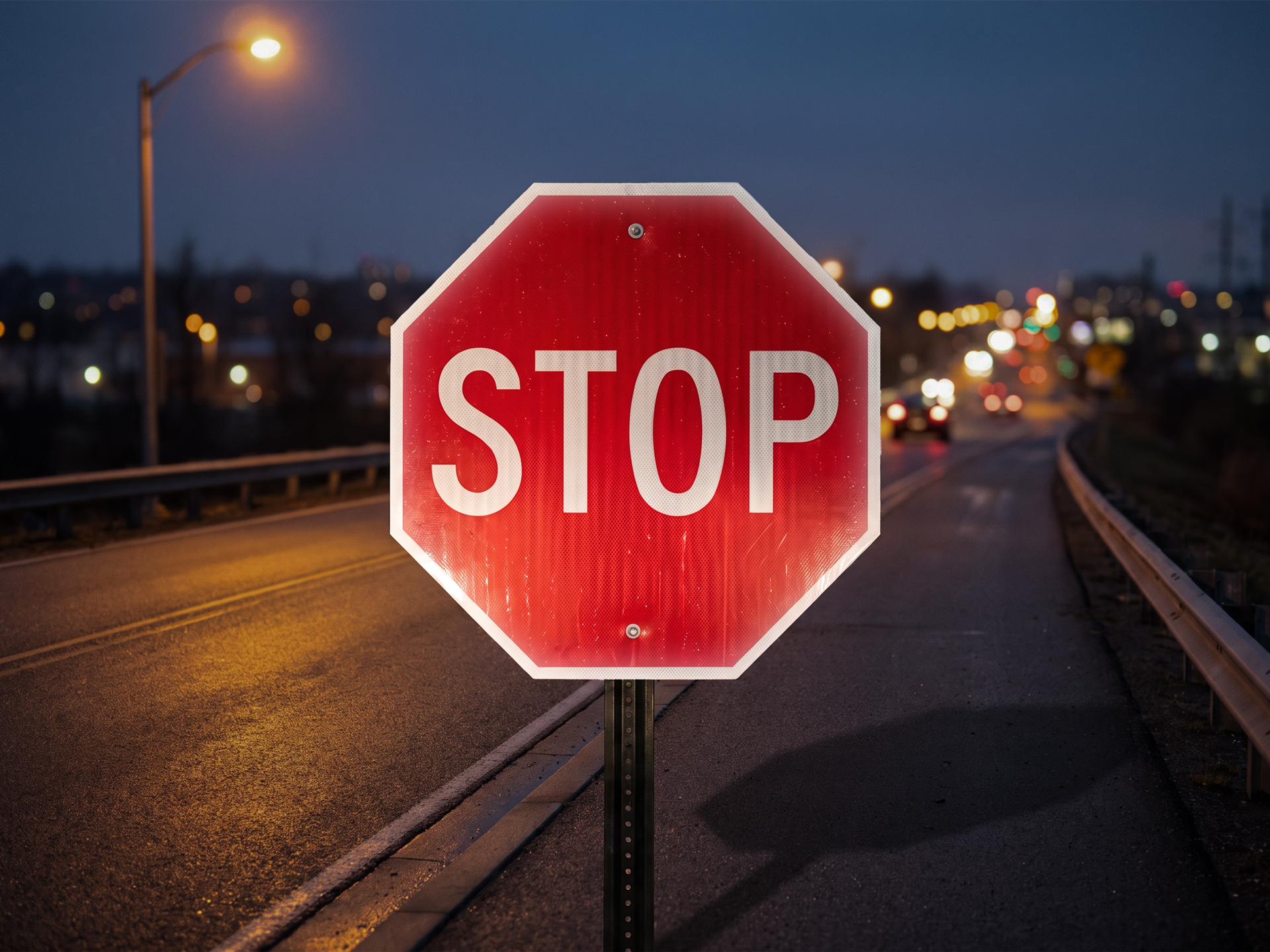 Reflective aluminum road sign communicating Stop messaging.