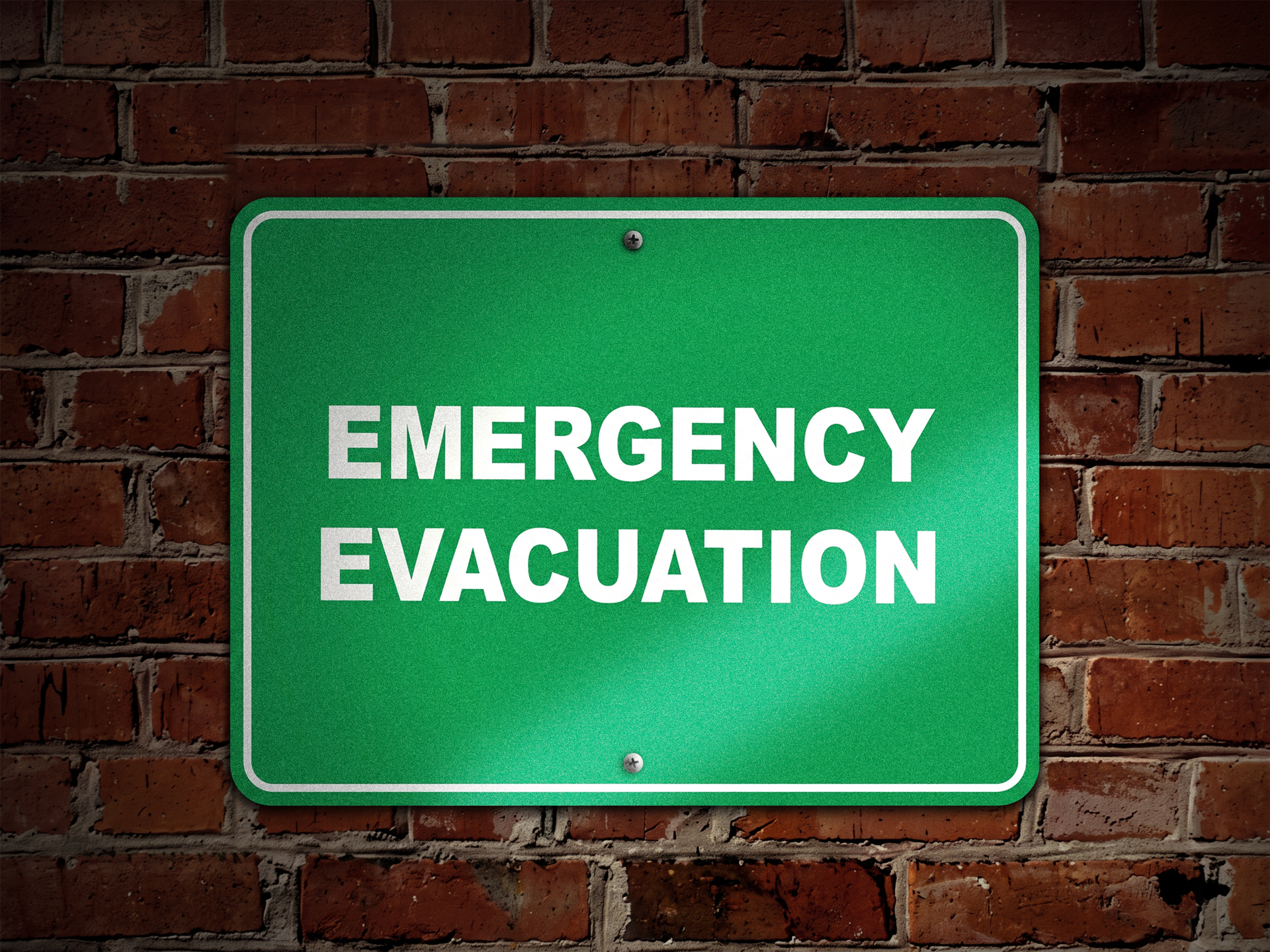 Reflective aluminum sign showing emergency evacuation messaging.
