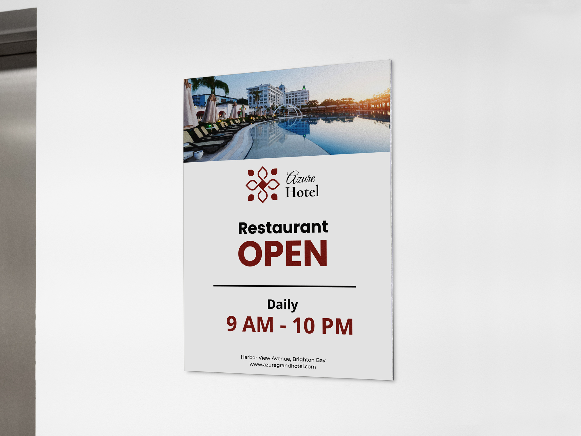 Open business hours PVC signage mounted on a wall.