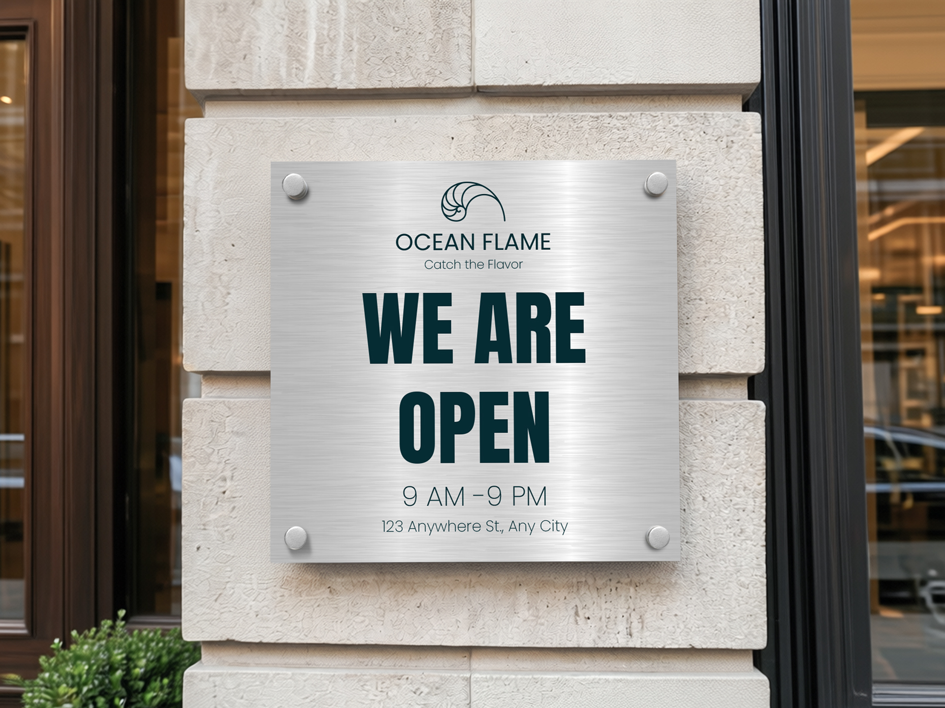 Brushed-metal restaurant open hours sign mounted outside, printed with logo.