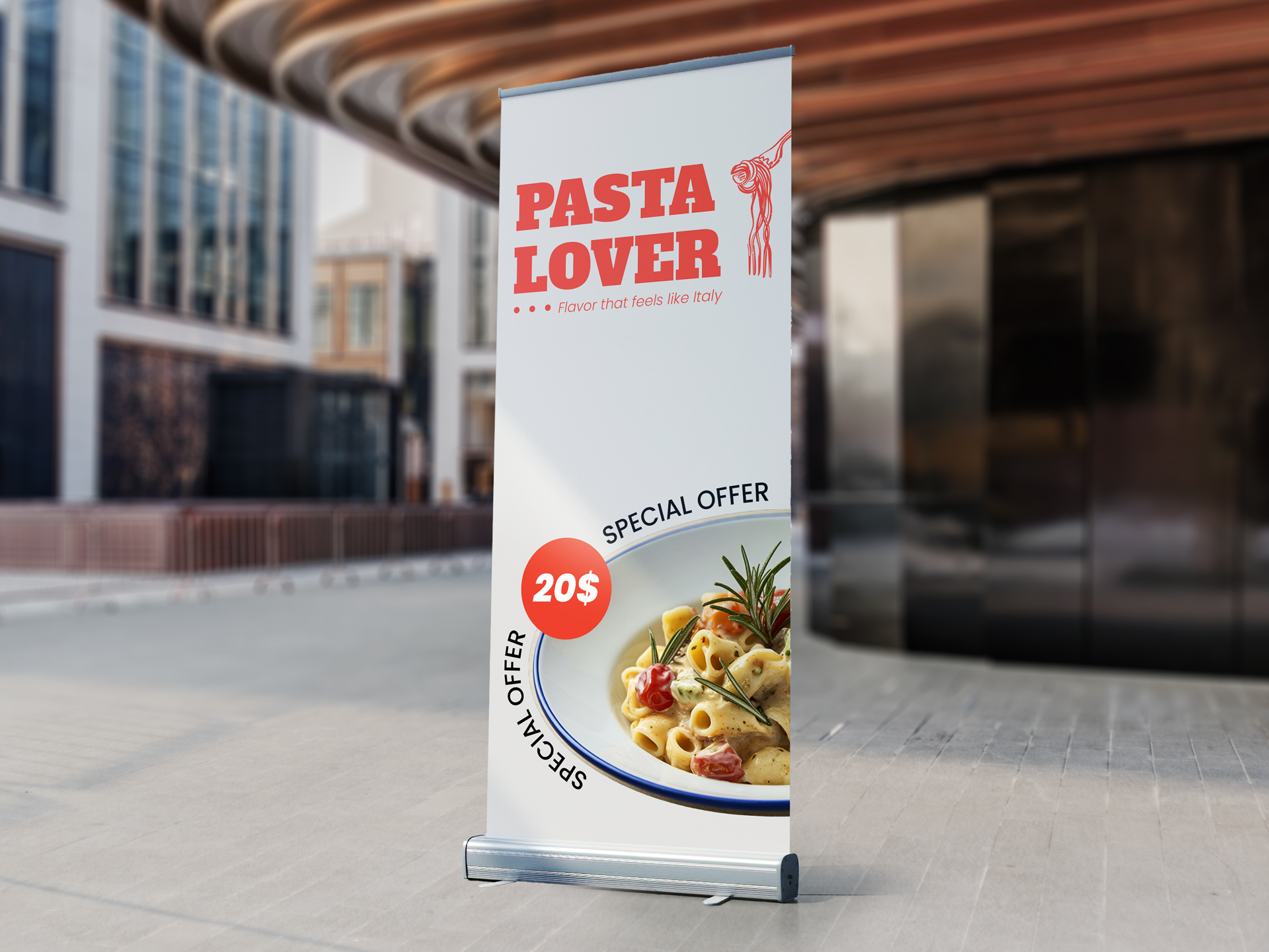 Promotional pull up banner printed for a restaurant advertising a special offer.