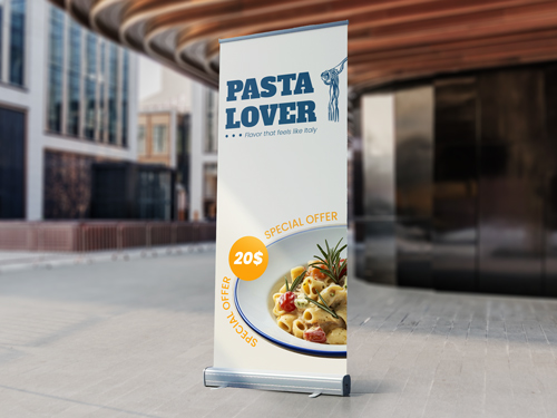 Restaurant promotional roll-up stand advertising a pasta special offer with photo of Italian dish.