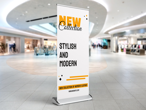 Retail marketing roll-up banner advertising a new clothing collection with modern design and bold typography.