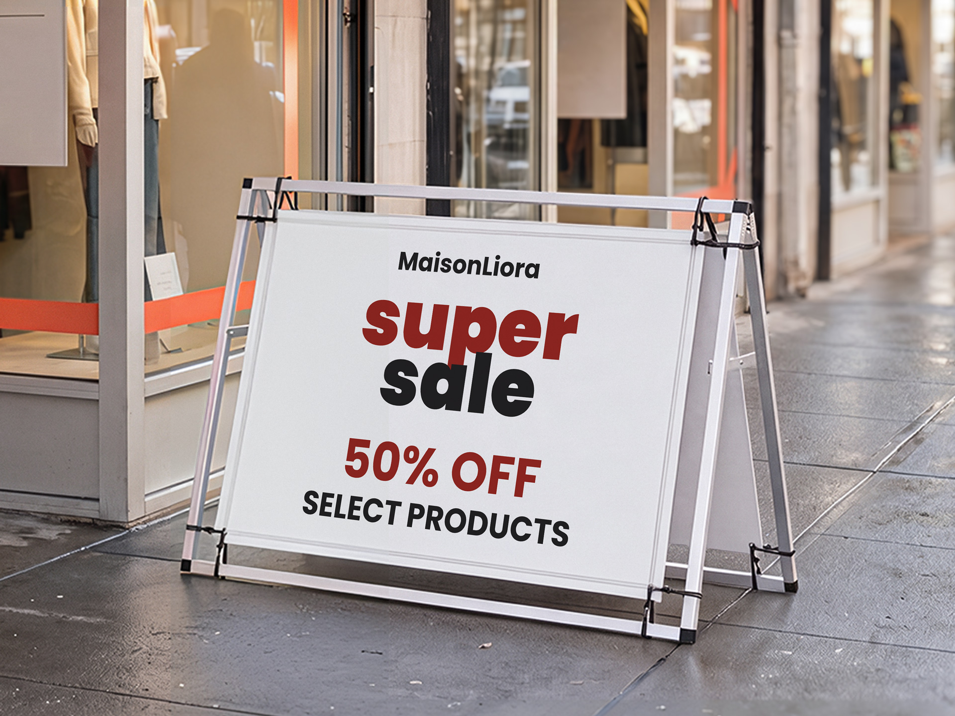 Retail storefront A-frame banner printed with a sales promotion text.