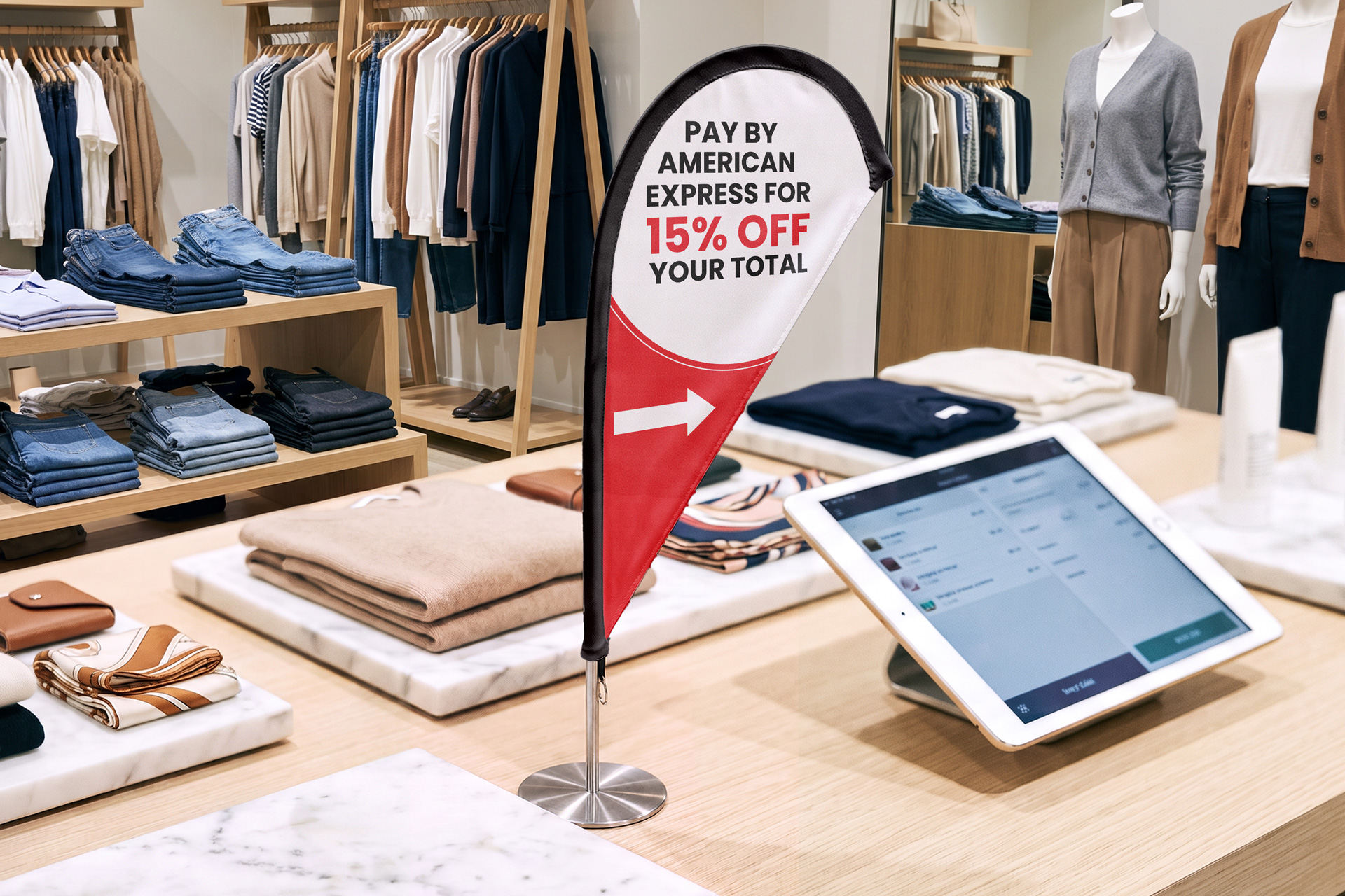 Small teardrop flag at a retail store featuring sales information.