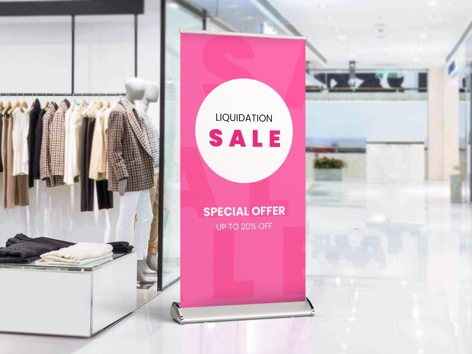 Pink retractable banner offering liquidation sale