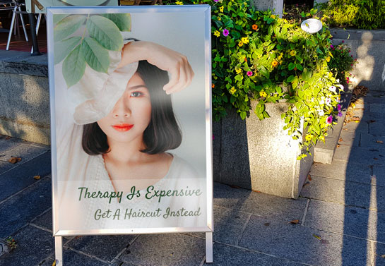 Therapy Is Expensive Get A Haircut salon sandwich board salon-sandwich-board-sign-idea