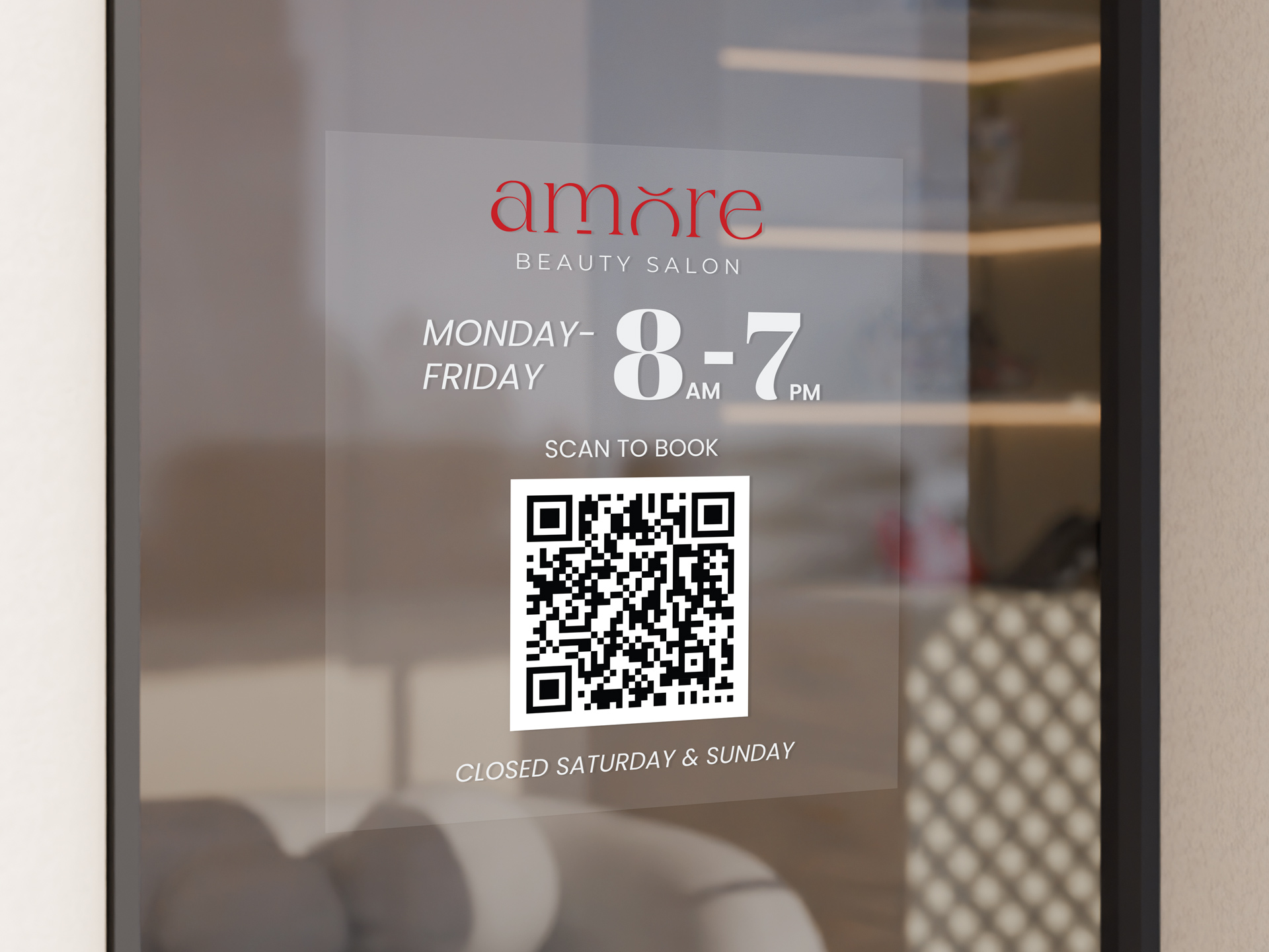 Opening hours decal, printed for a beauty salon with a booking QR code.