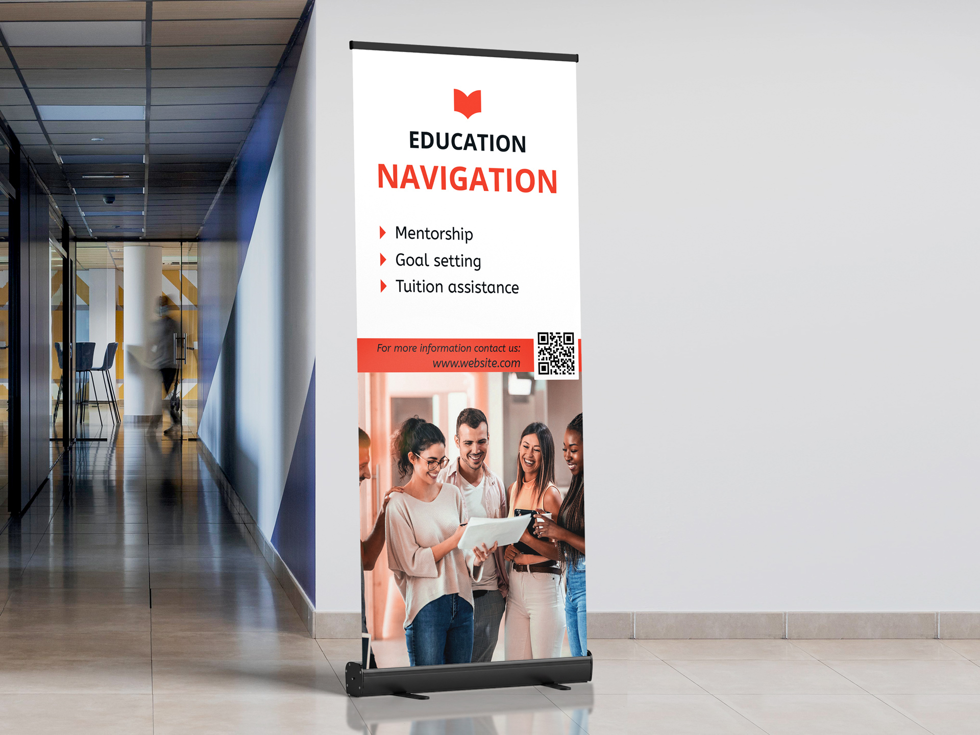 School roller banner printed with a QR code and contact information.