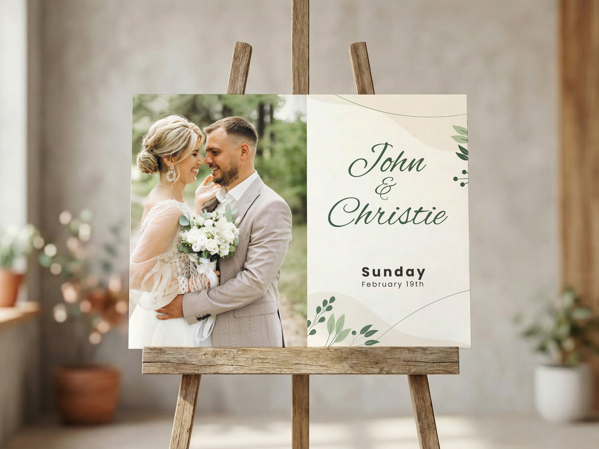 White wedding sign with couple photo