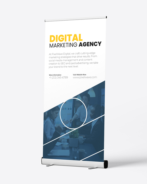 Digital marketing agency retractable banner highlighting services like SEO and social media management.