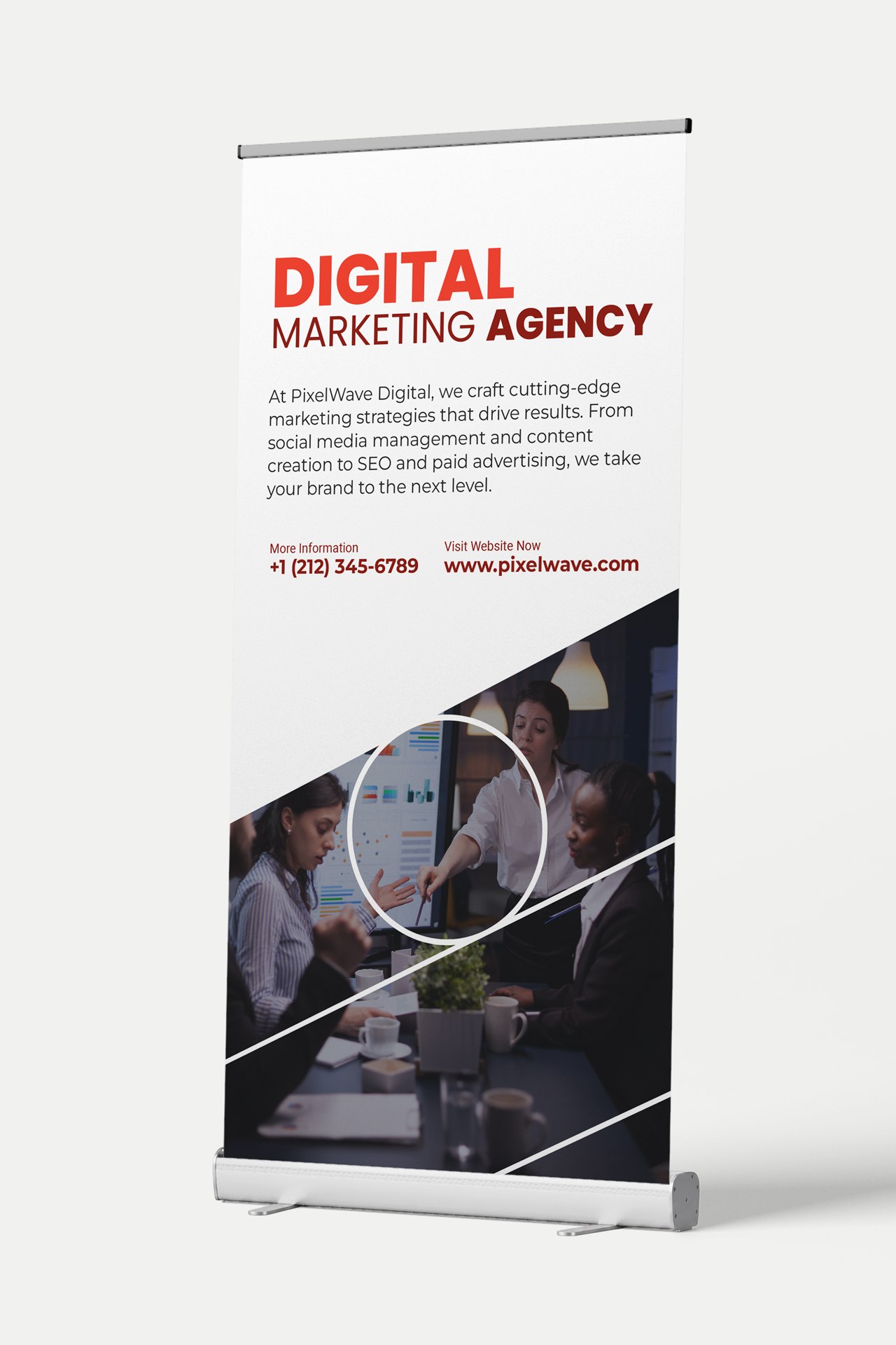 Standard retractable banner printed with a digital marketing agency's branding and contact information.